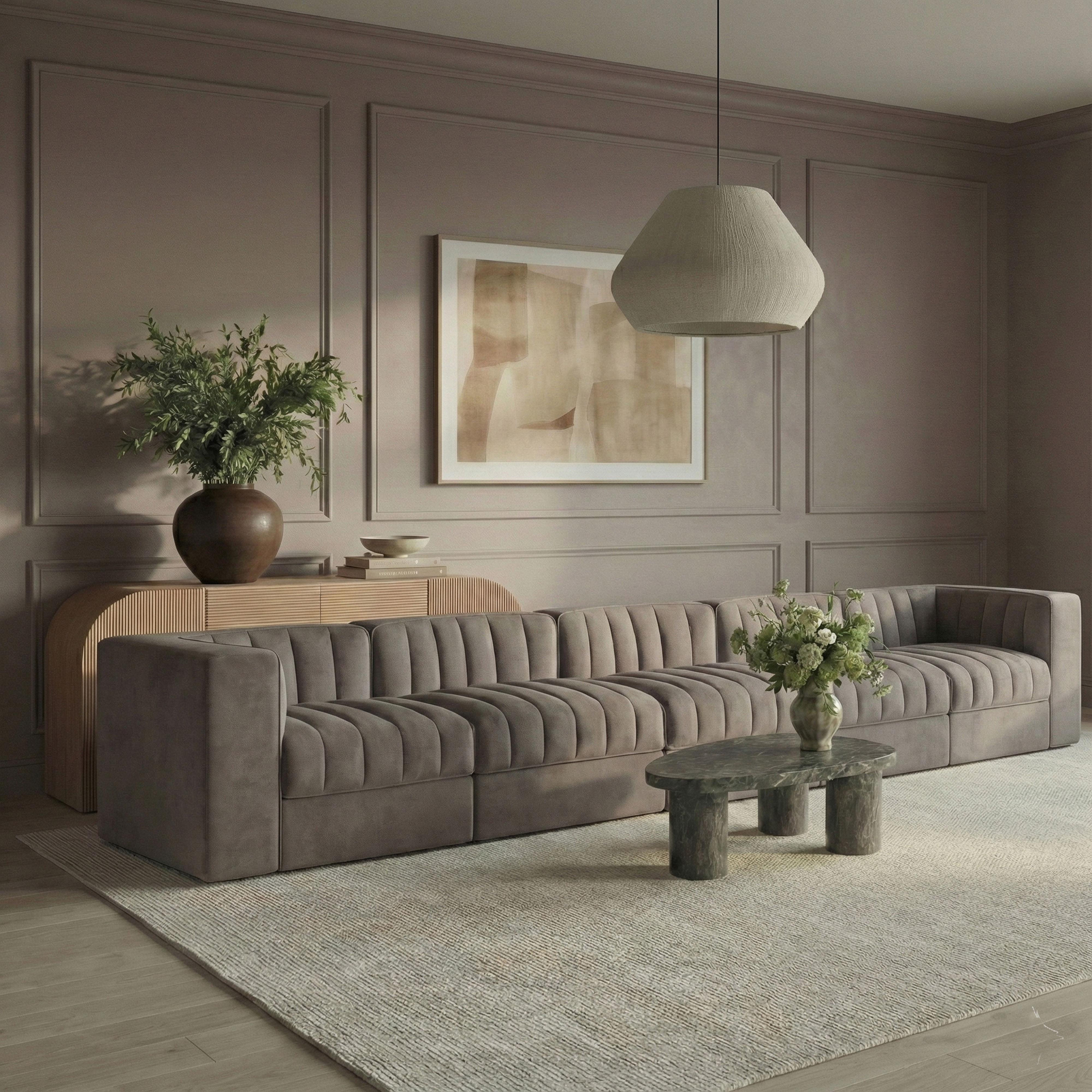 Rummi - Velvet Performance Fabric Upholstered 5 Piece Modular Sofa - Taupe