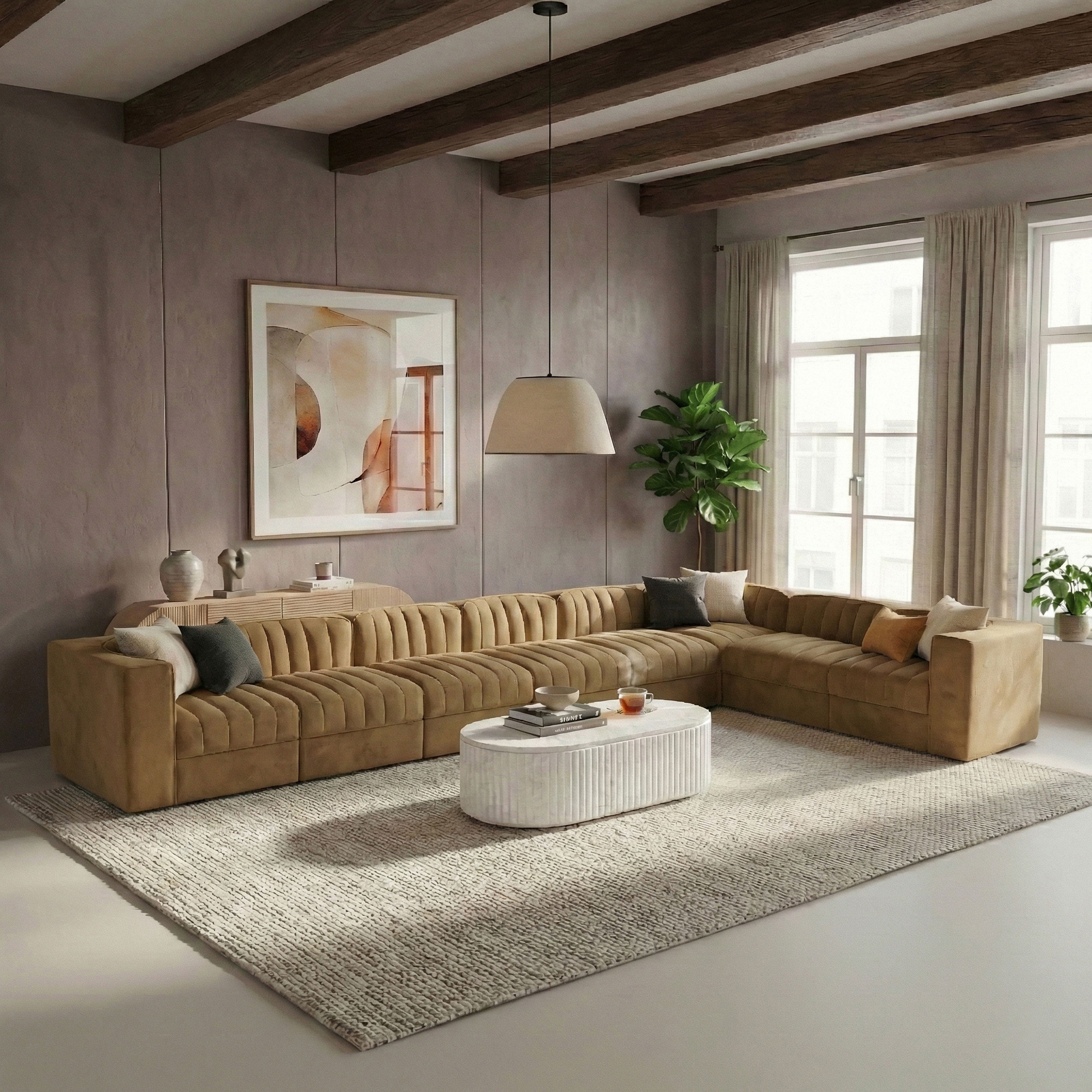 Rummi - Velvet Performance Fabric Upholstered 8 Piece Modular Sectional (With 3 Corner Chairs) - Saddle