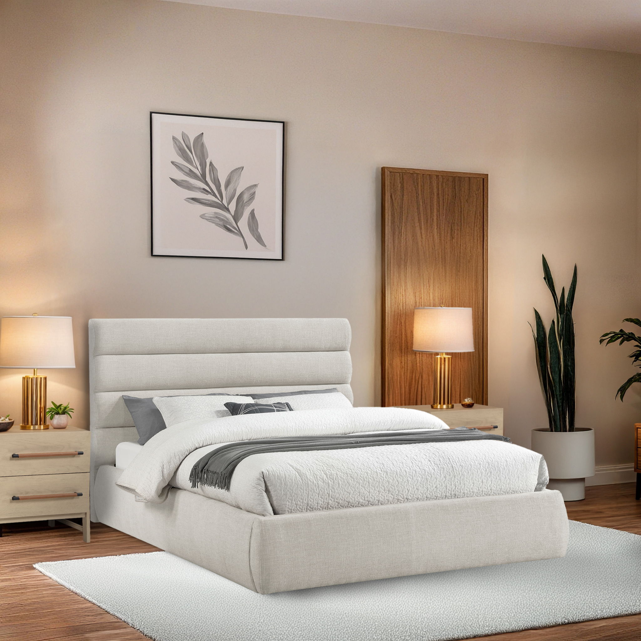 Adam - Linen Fabric Queen Bed With 52" Headboard - Cream