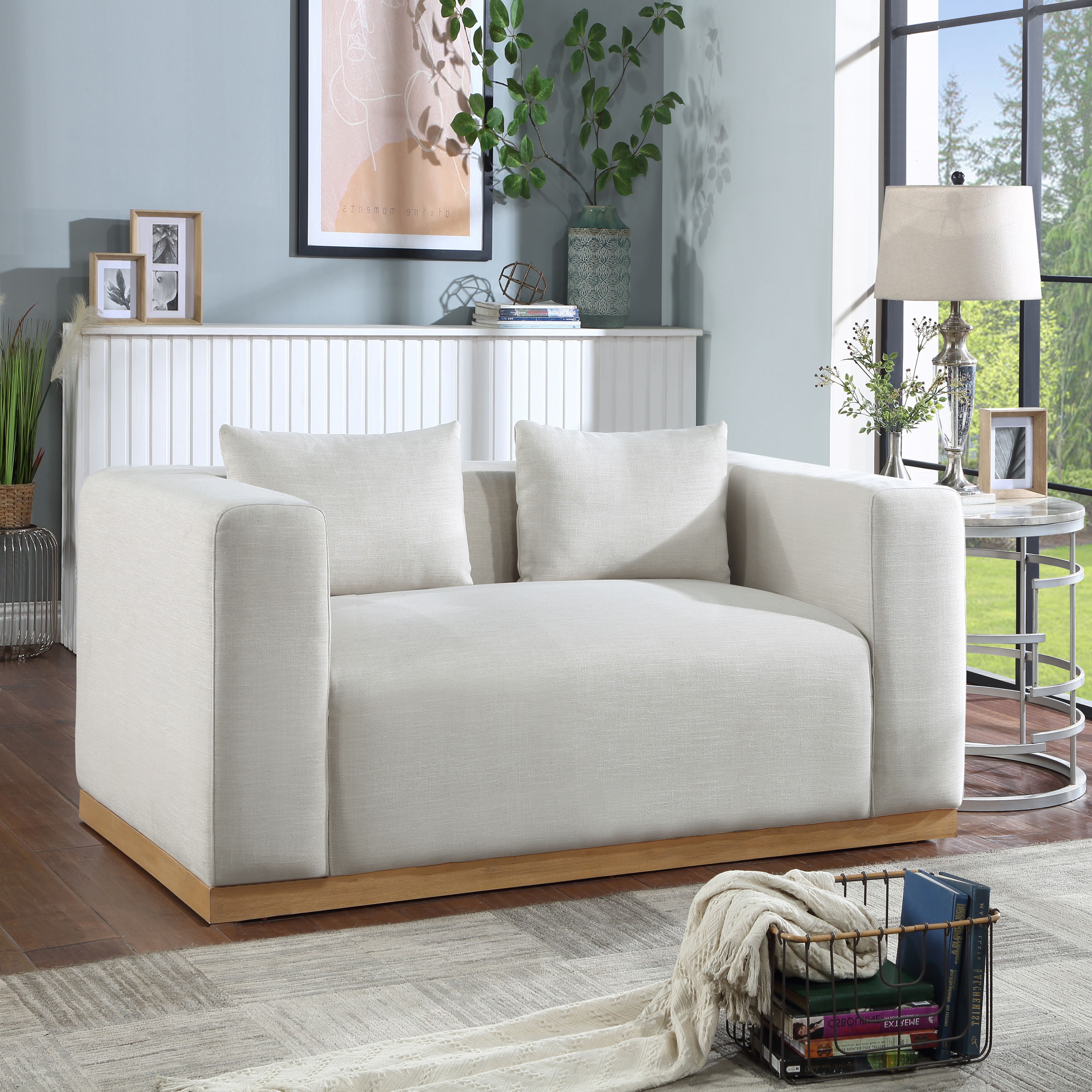 Alfie - Linen Textured Fabic Loveseat - Cream