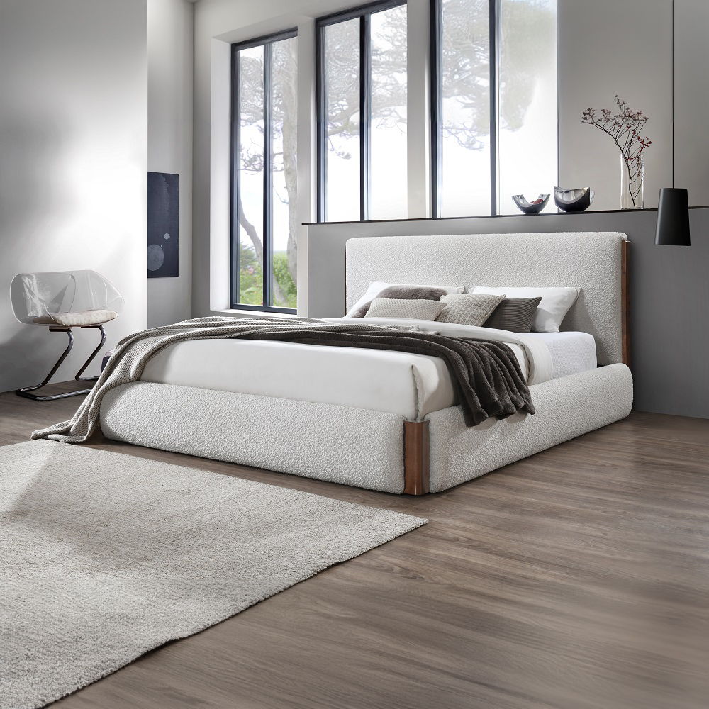 Sandro - Queen Bed - White Boucle & Walnut, white