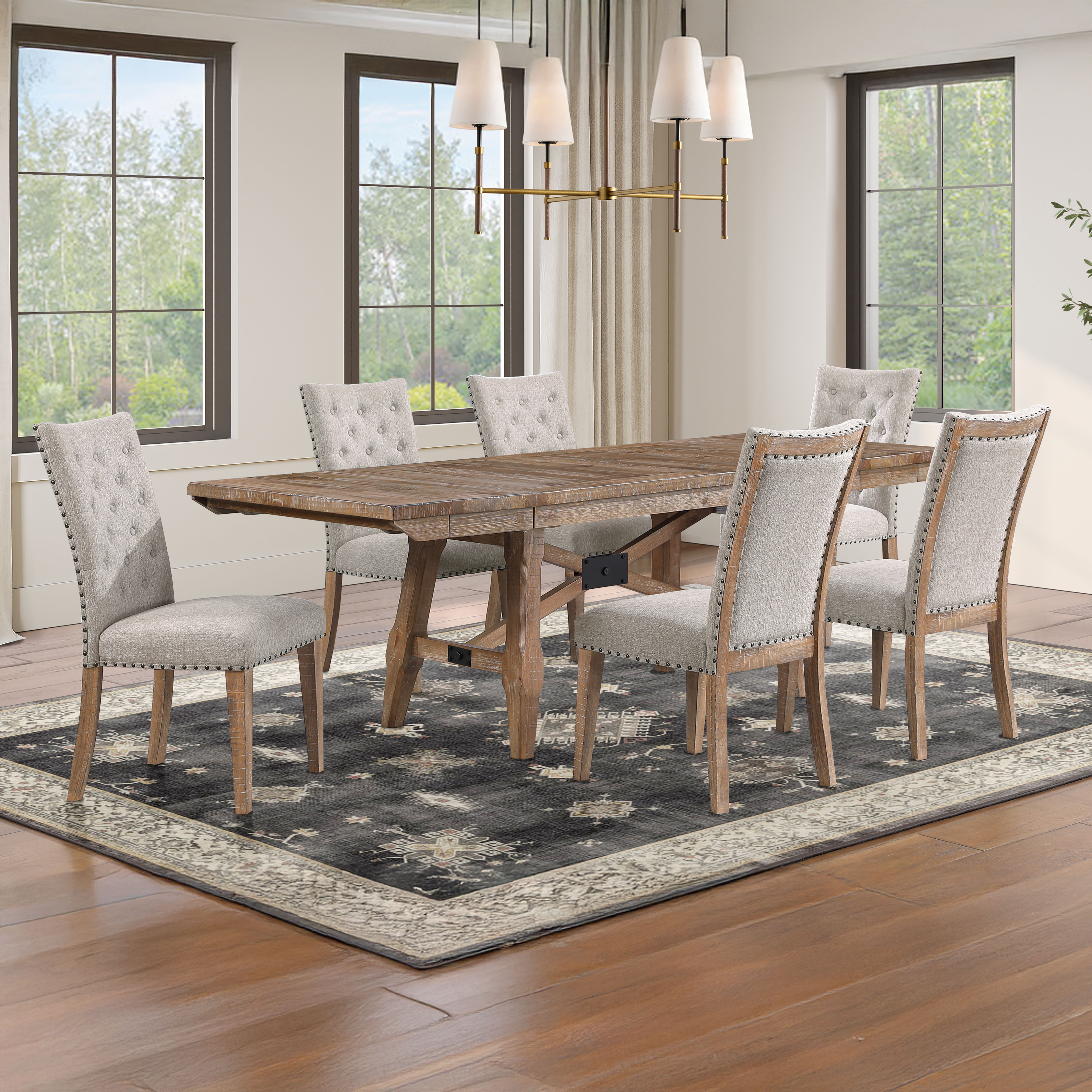 7 Pc · Dining Set, Trestle Table With 6 Upholstered Chairs