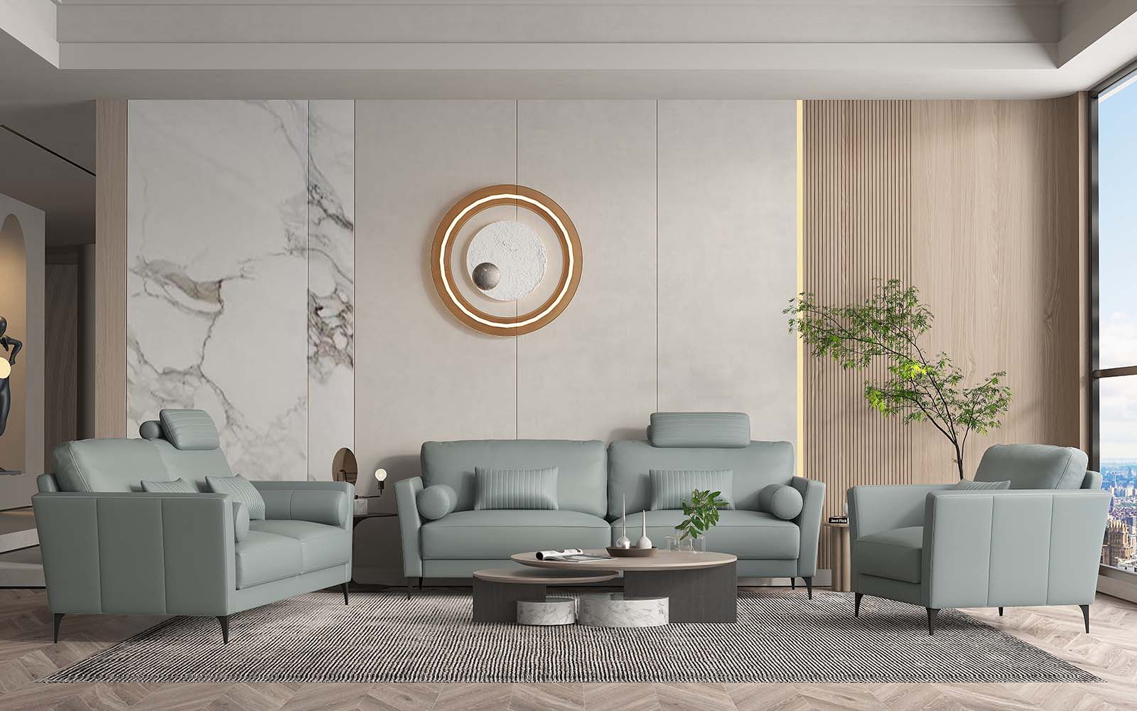Tussio - Loveseat With 5 Pillows - Watery Leather, light blue
