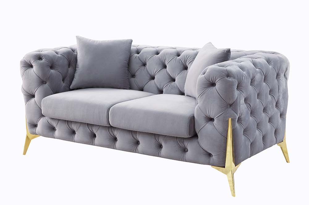 Jelanea - Loveseat With 2 Pillows - Gray Velvet & Gold, gray