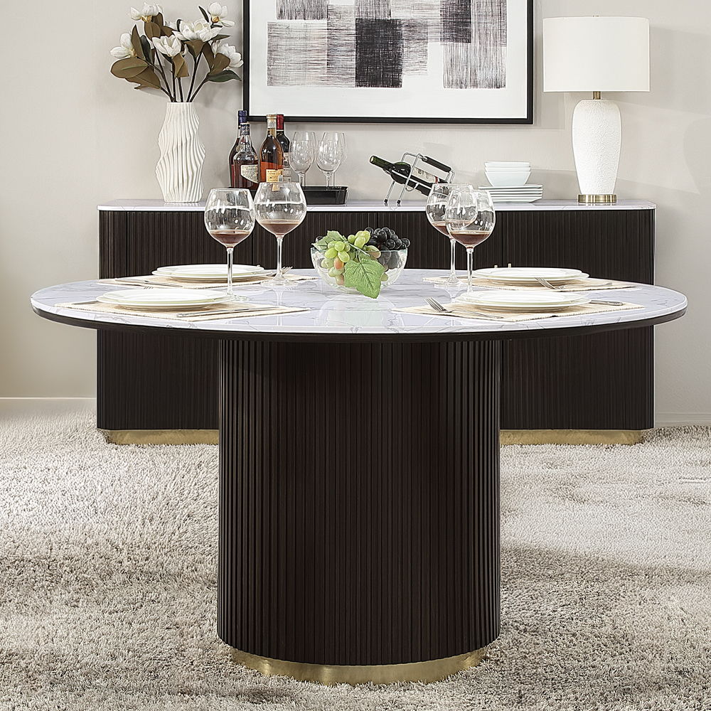 Clayten - Round Dining Table With Marble - White Natural Marble Top & Espresso, white