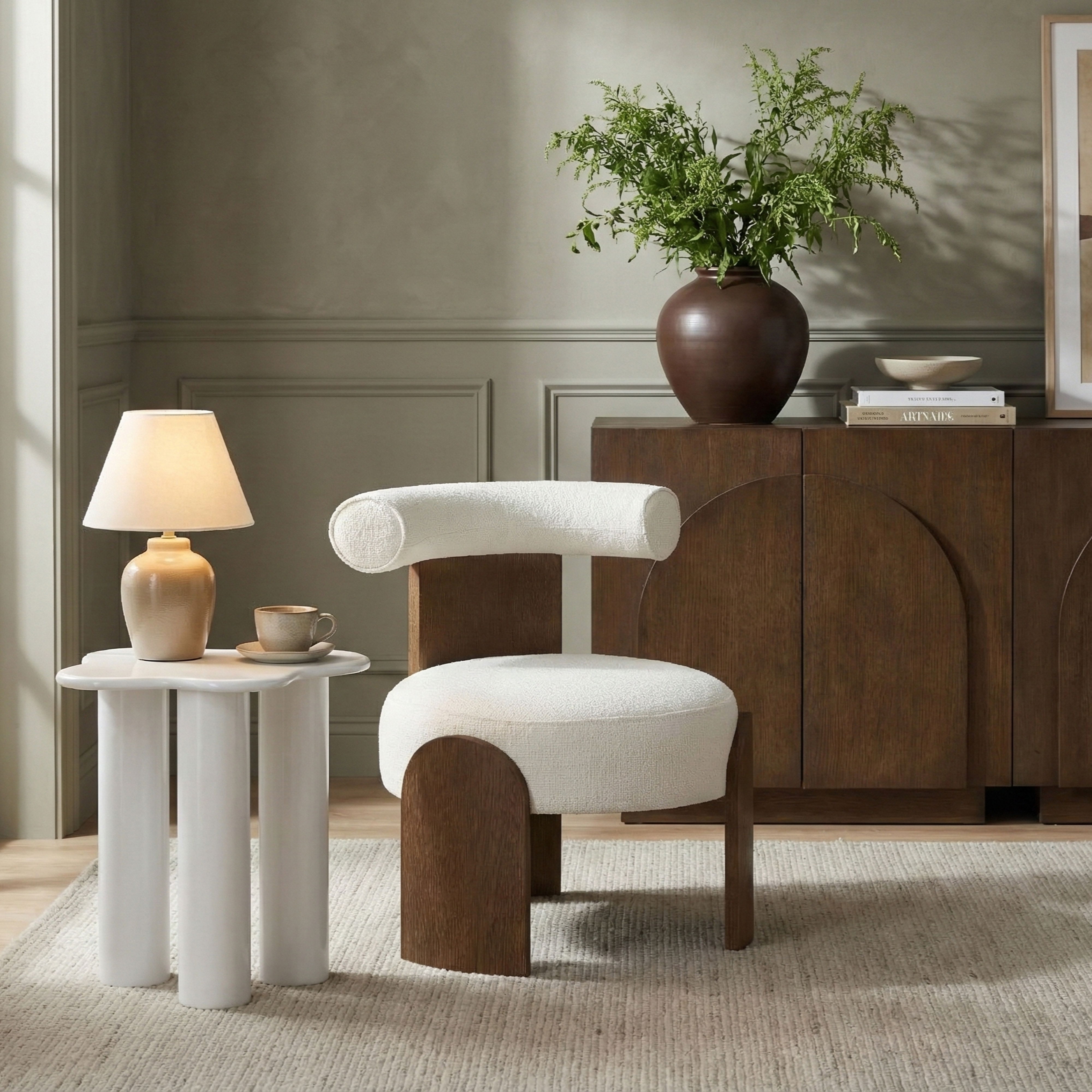 Calder - Linen Textured Fabric Upholstered Accent Chair - Cream / Painted Brown