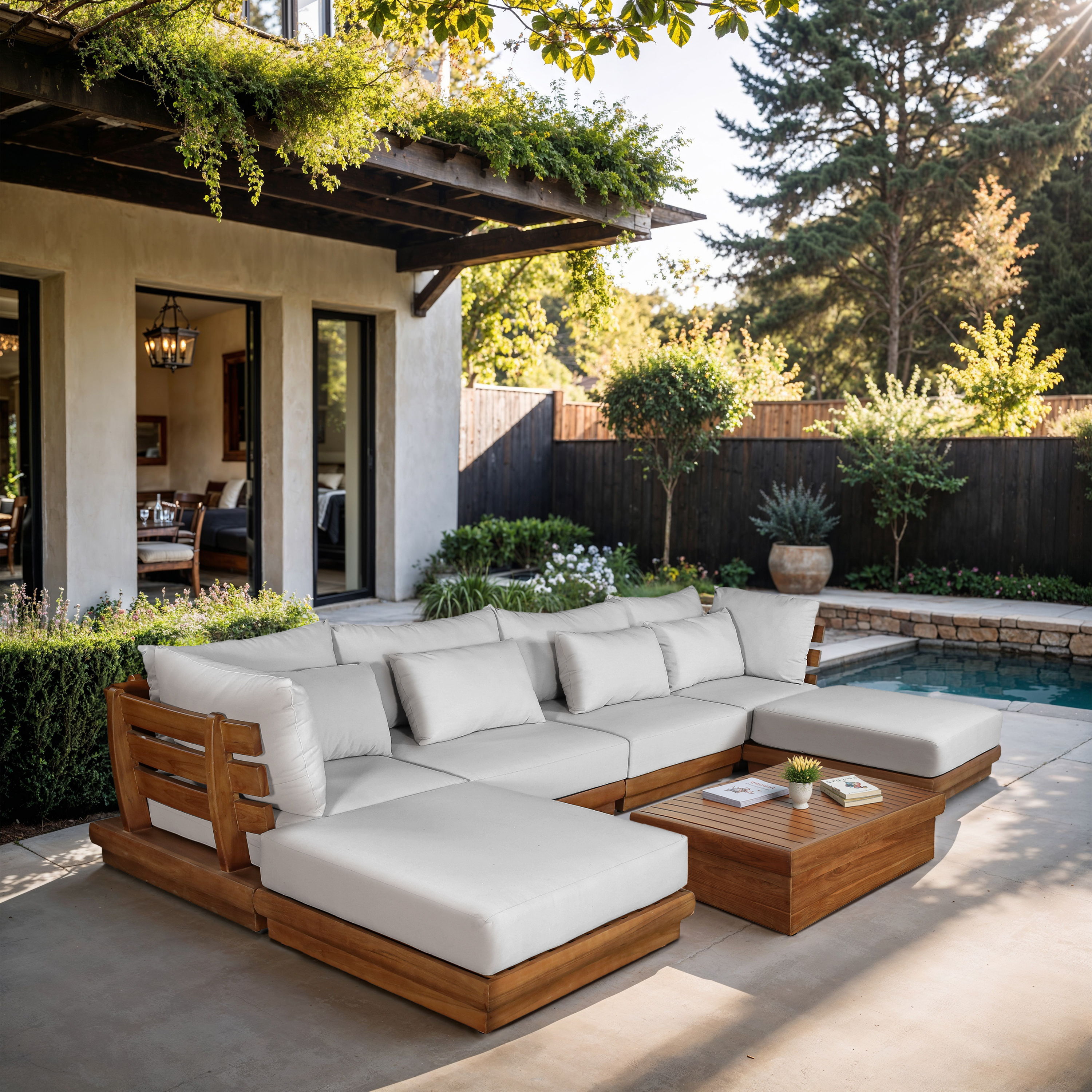 Mirella - 6 Piece Water Resistant Fabric Upholstered Outdoor Patio Modular Sectional - Off-White