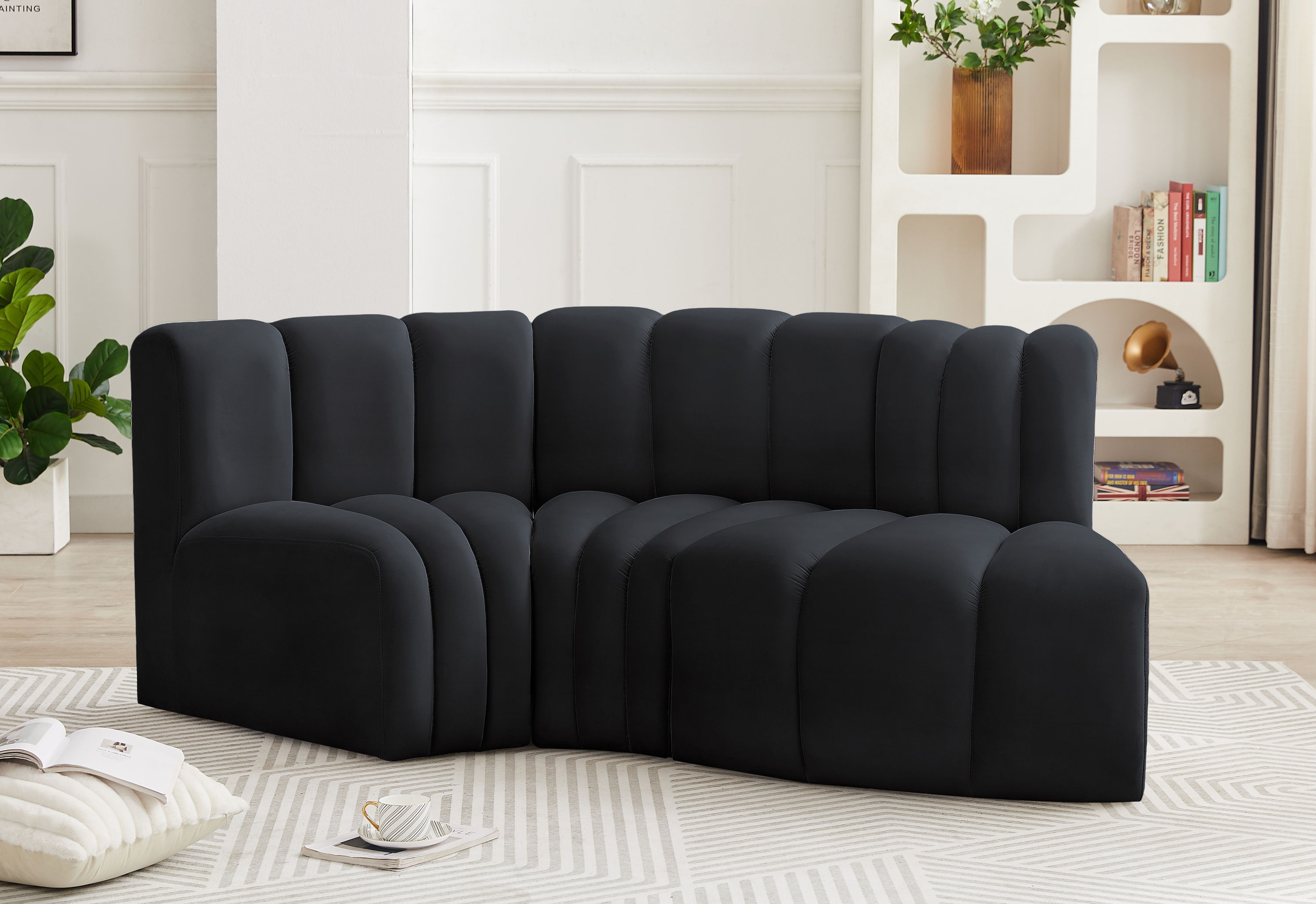 Arc - Velvet 3 Piece Modular L-Shaped Sofa - Black