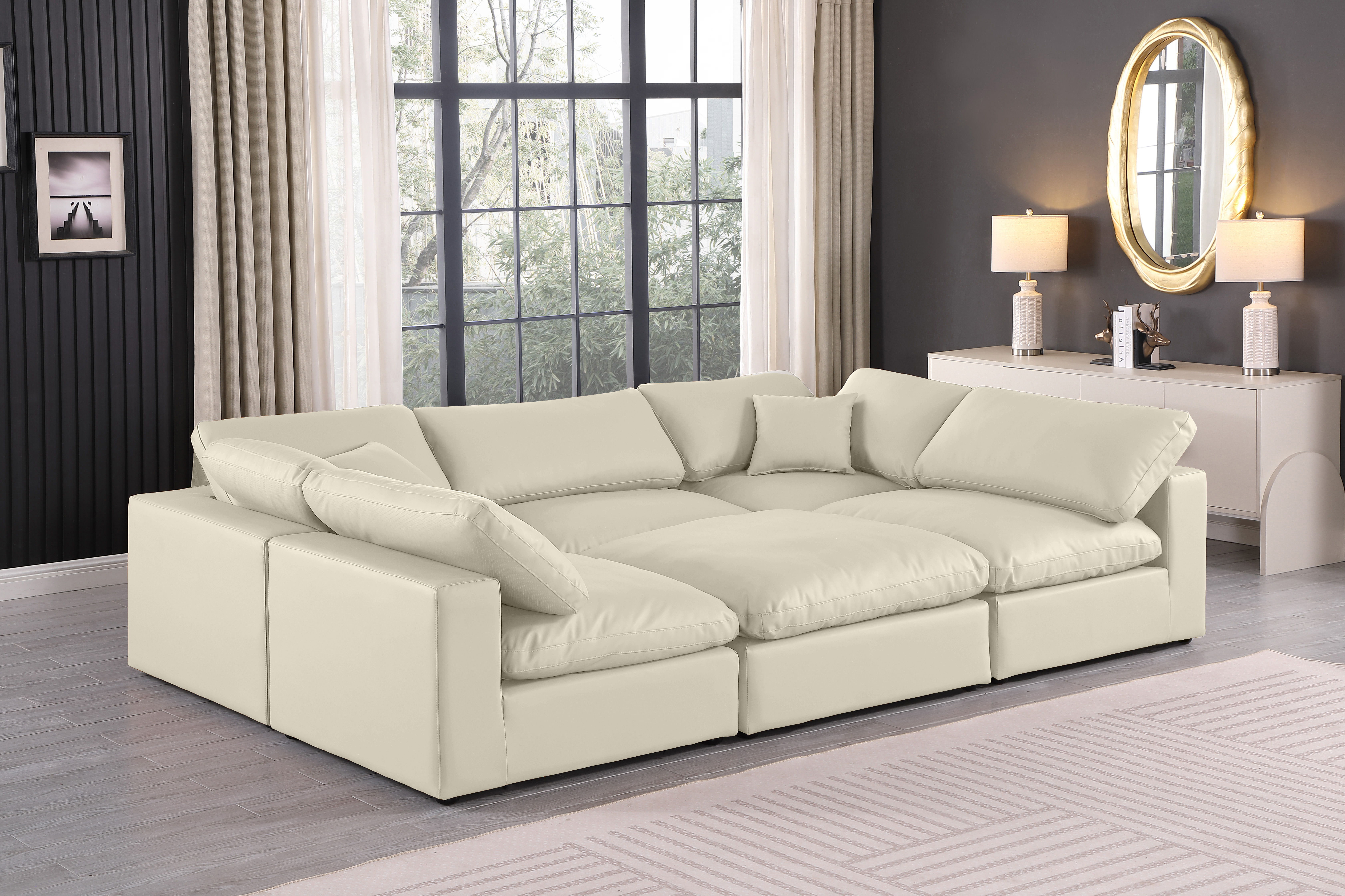 Comfy - 6 Piece Faux Leather Sectional - Cream