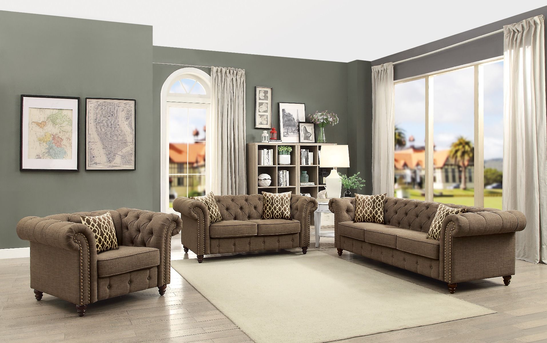 Aurelia - Loveseat With 2 Pillows - Brown Linen, light brown