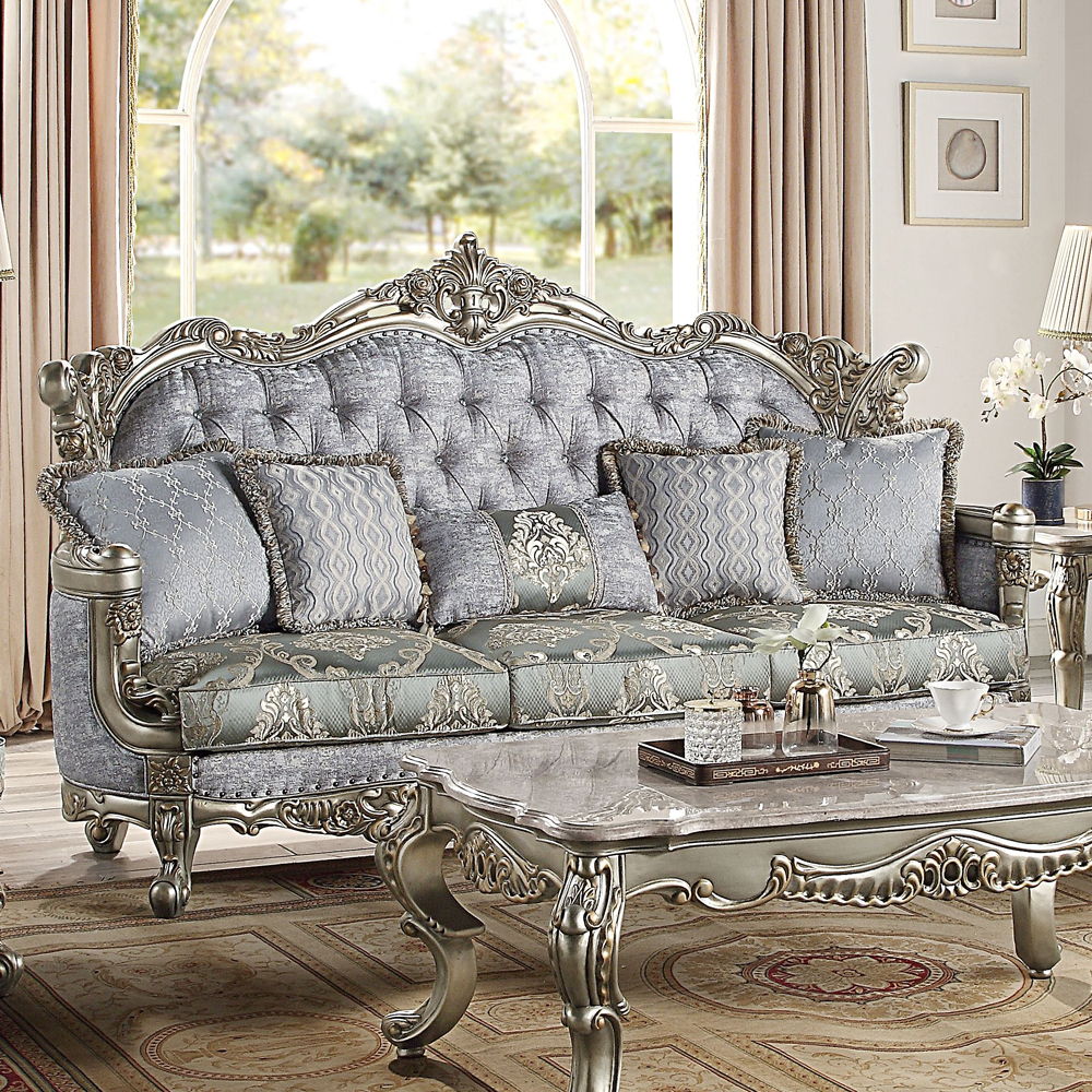 Miliani - Sofa With 5 Pillows - Fabric & Antique Bronze, silver
