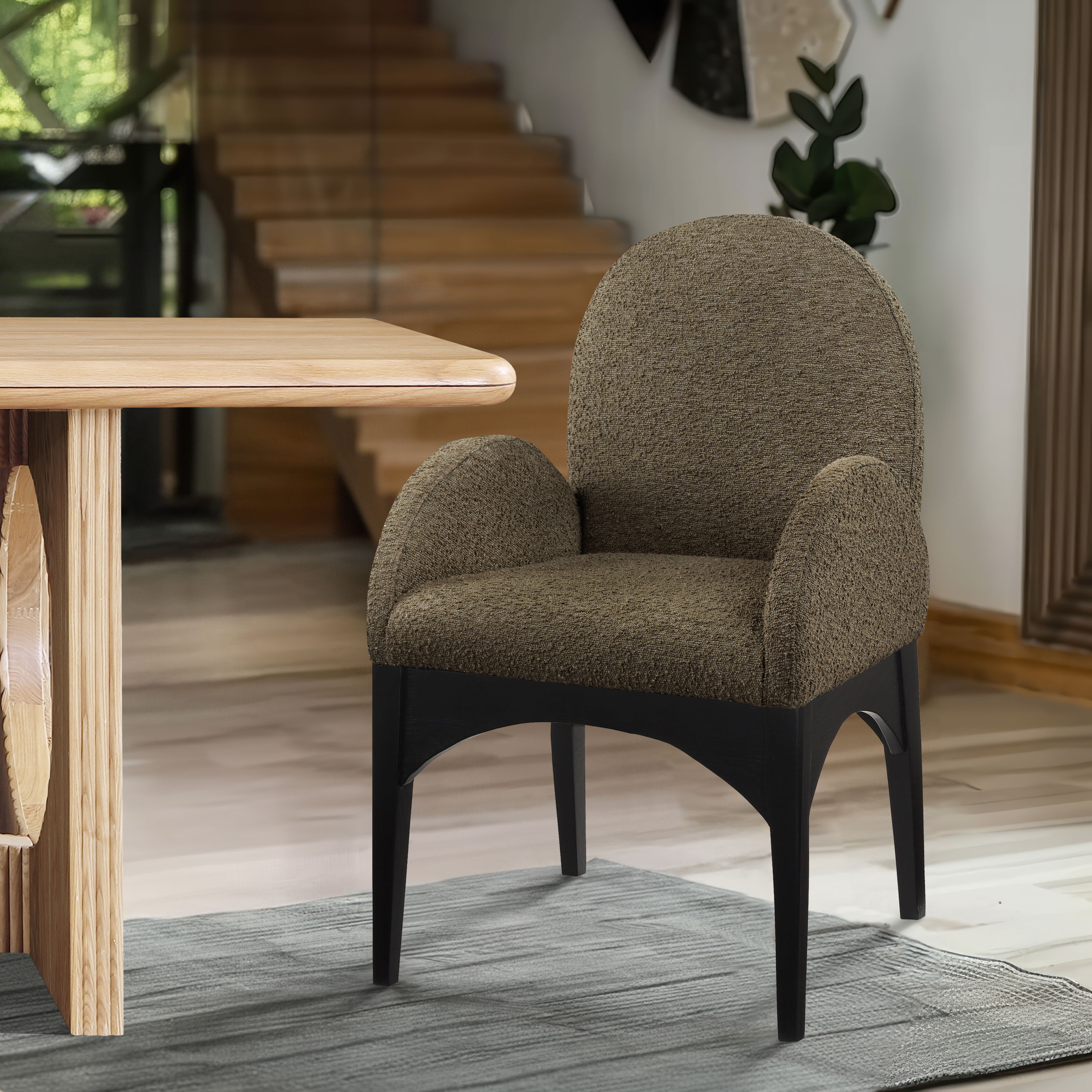 Waldorf - Boucle Dining Arm Chair With Black Legs - Olive