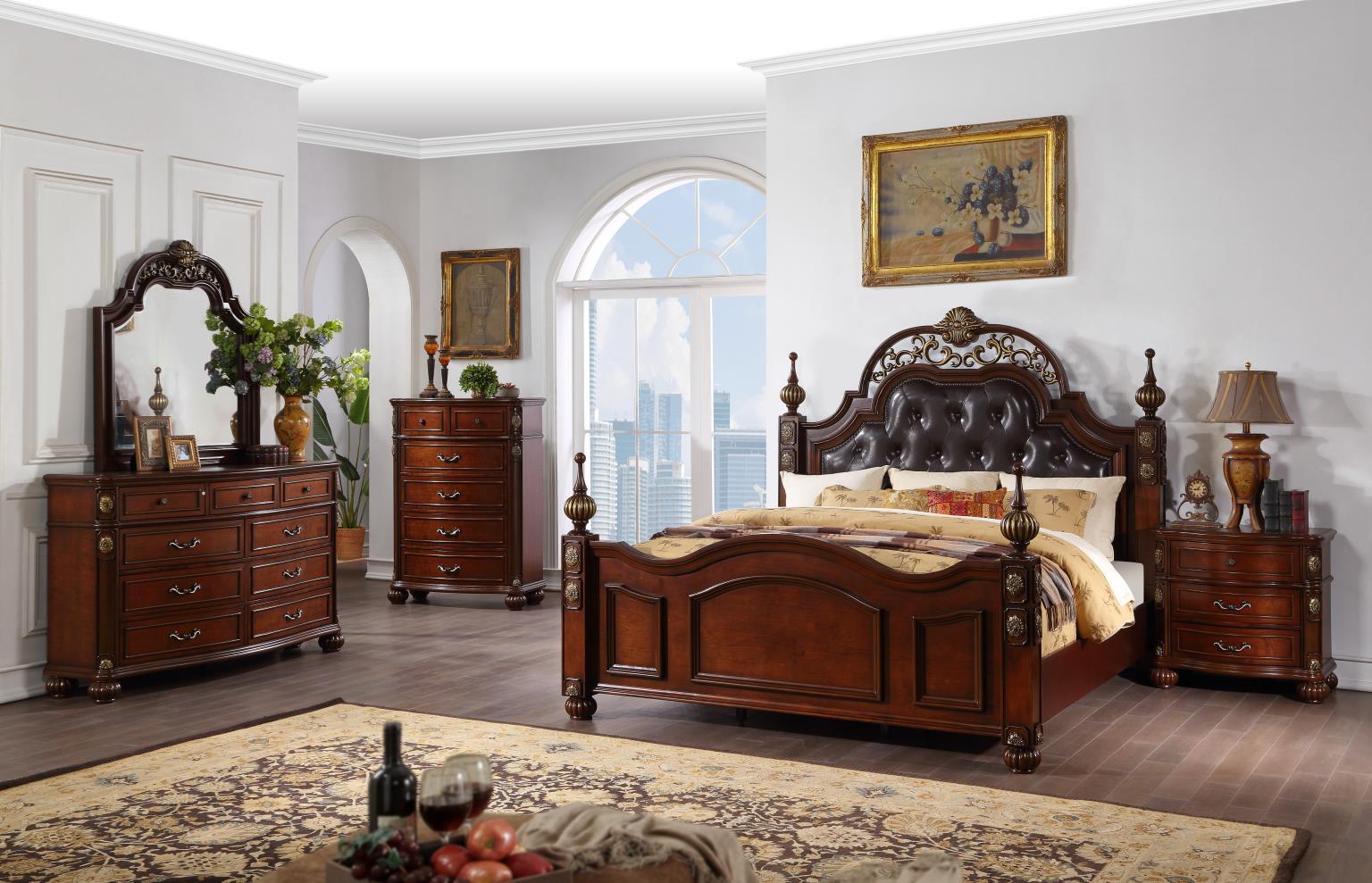 B065 - 3 Piece Bedroom Set (Queen Bed, Dresser, Mirror) - Dark Brown
