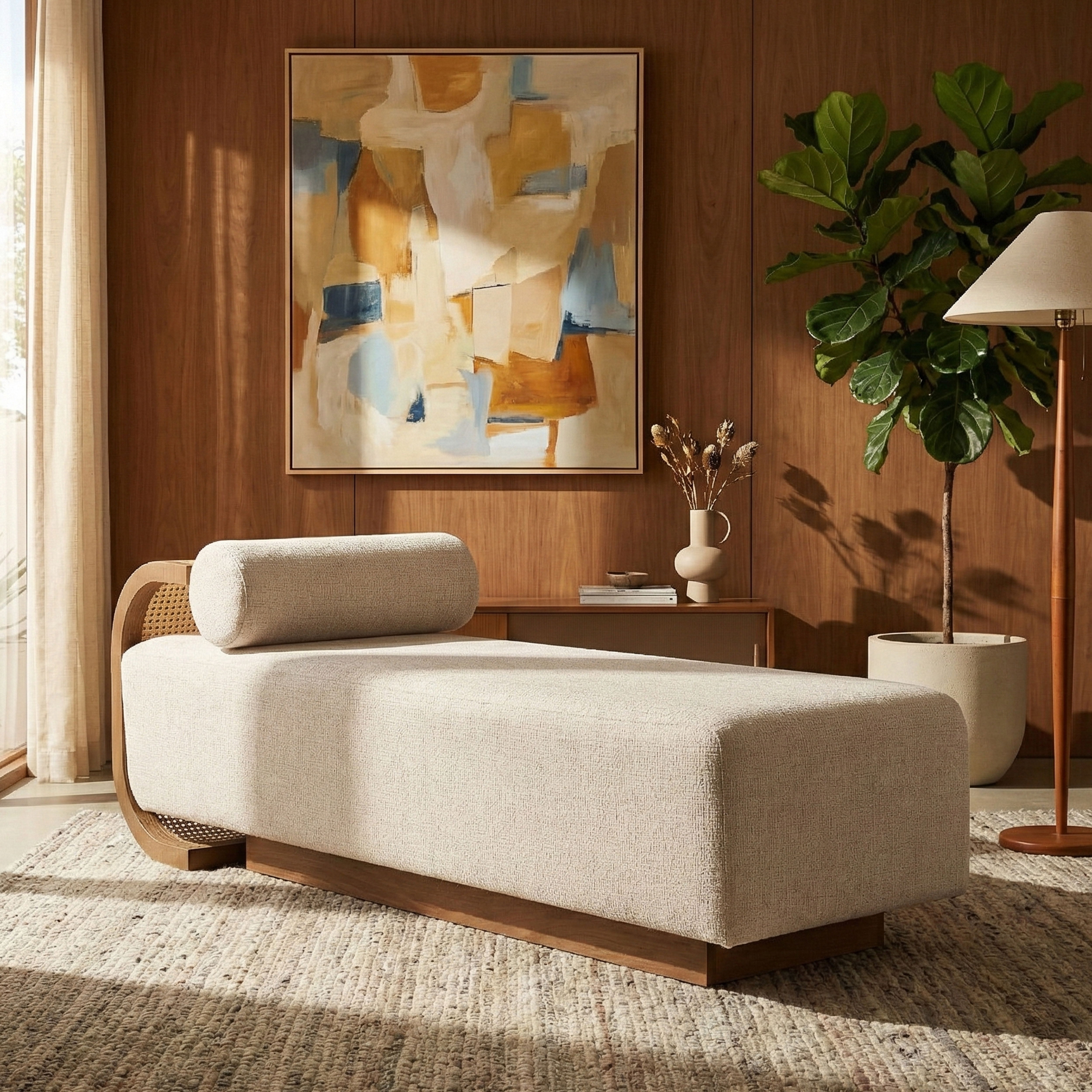 Zephyr - Linen Textured Fabric Upholstered Chaise - Beige / Painted Brown Walnut