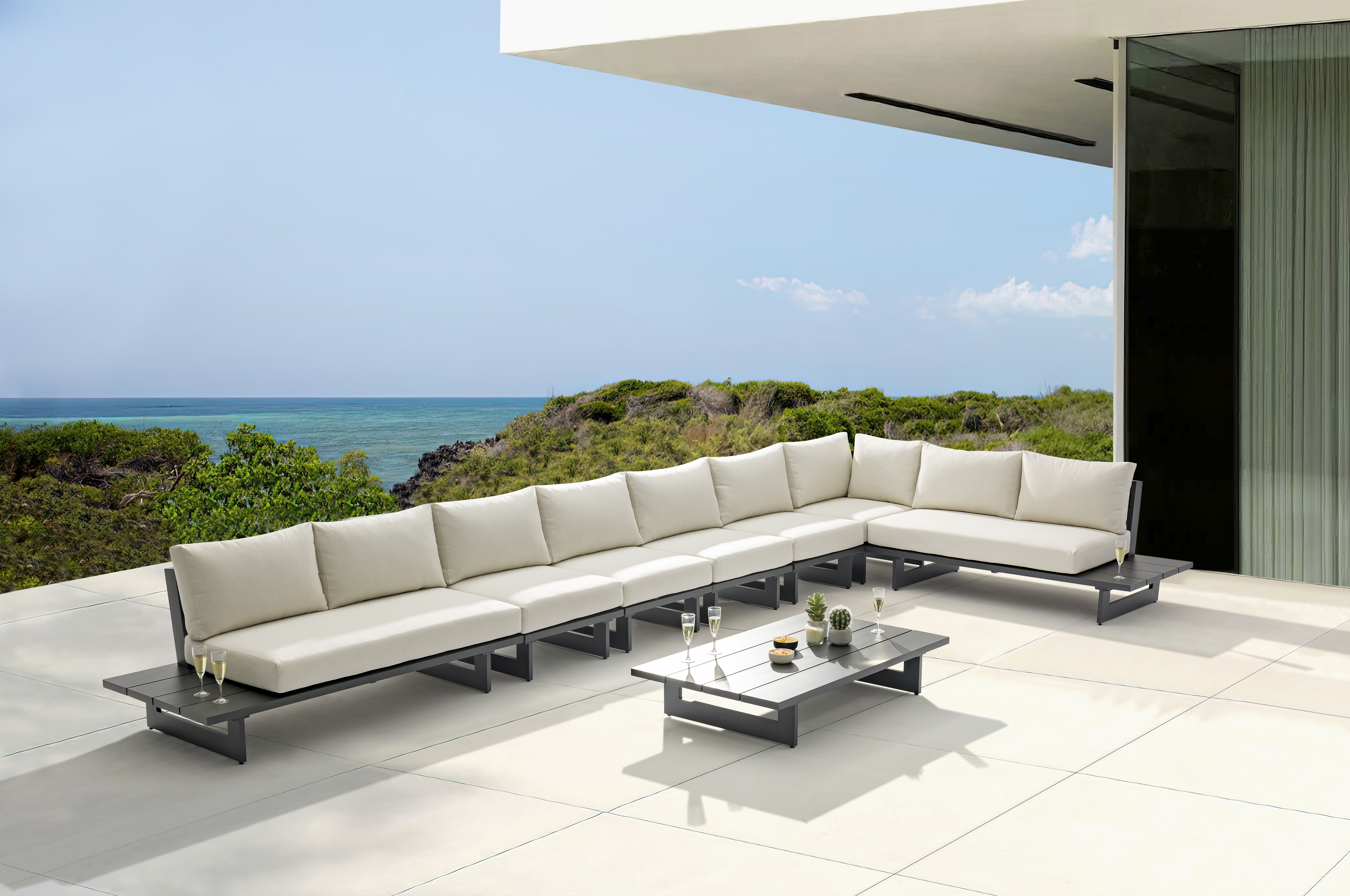 Maldives - 7 Piece Water Resistant Outdoor Patio Modular Right Arm Facing Sectional With Gray Base - Cream
