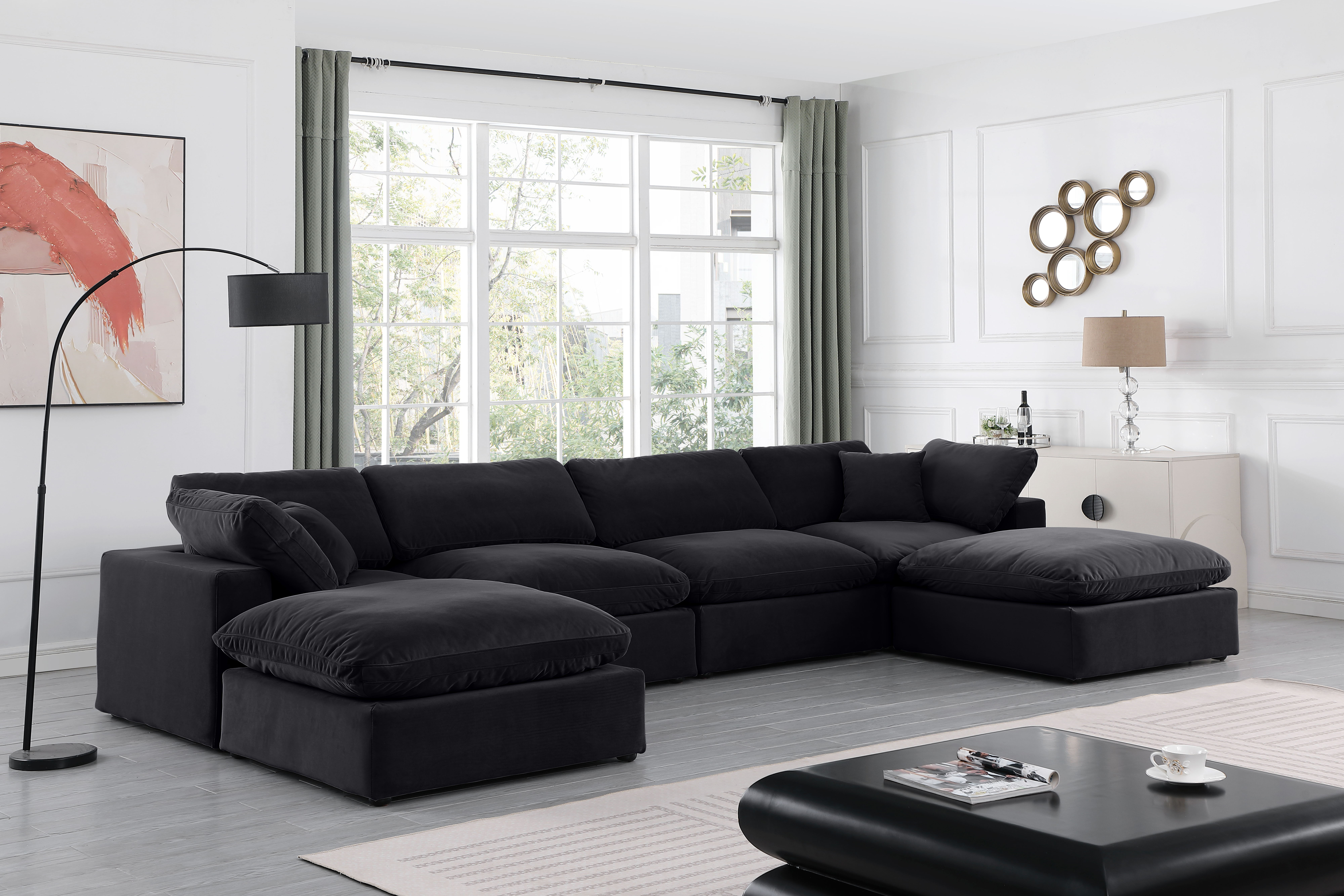 Comfy - 6 Piece Velvet Modular Double Chaise Sectional - Black
