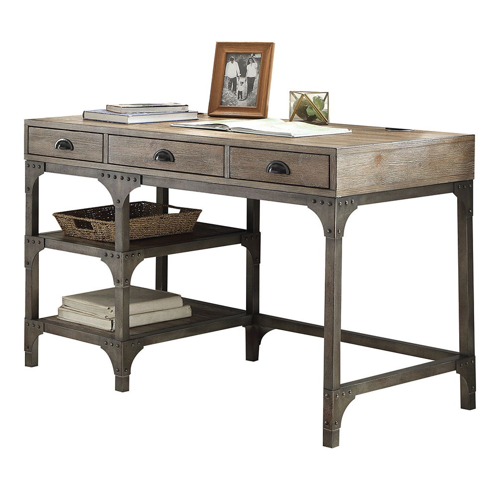 Gorden - Writing Desk - Weathered Oak & Antique Silver, dark brown, view 2