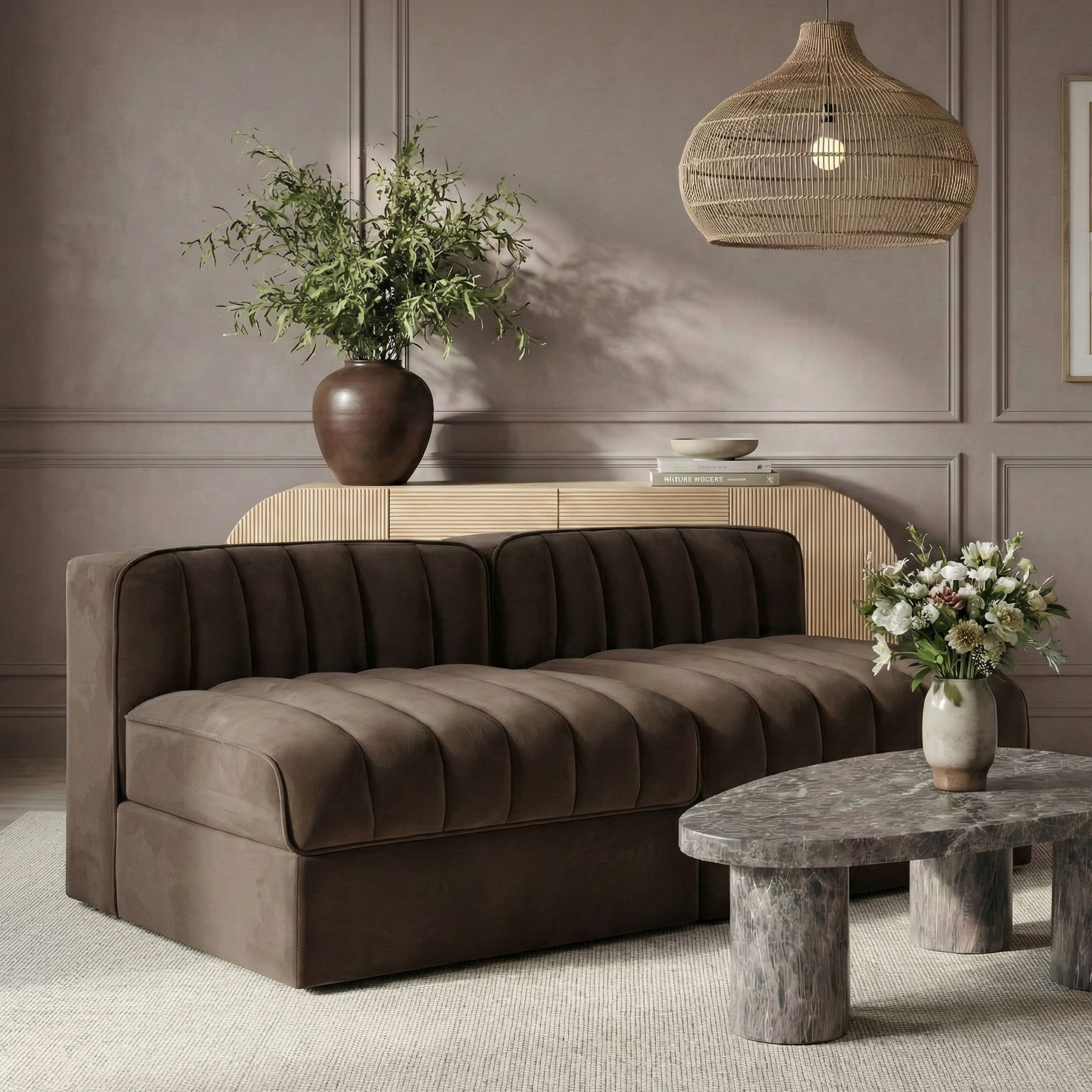 Rummi - Velvet Performance Fabric Upholstered 2 Piece Modular Armless Loveseat - Brown