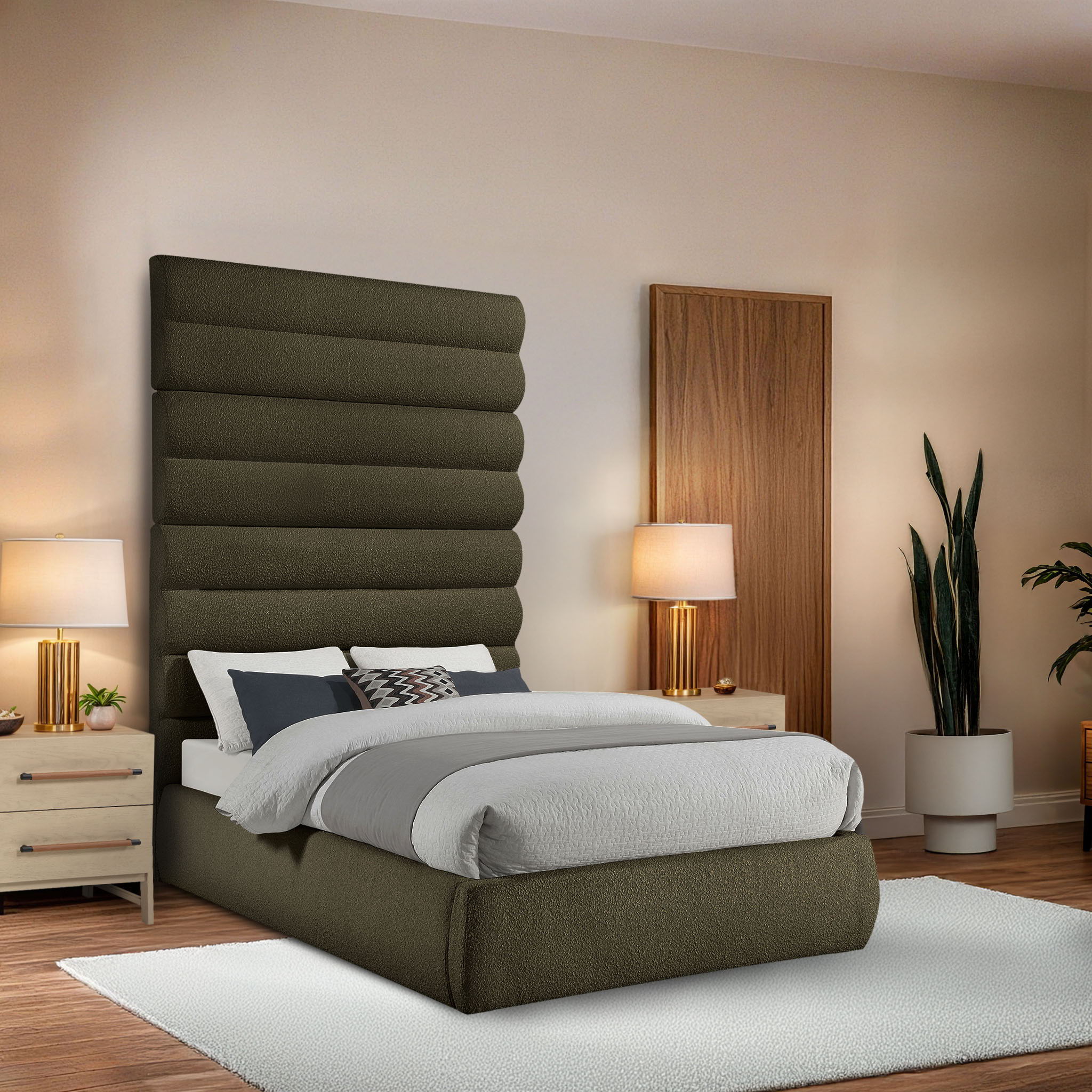 Adam - Boucle Fabric Full Bed With 89" Headboard - Olive