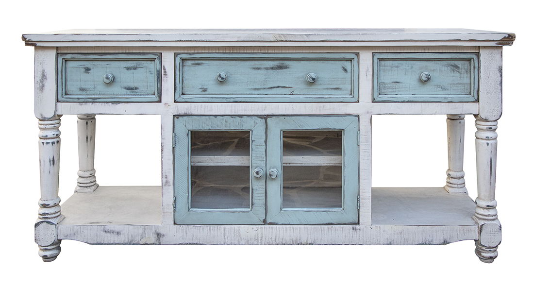 International Furniture Direct Aruba - TV Stand / Console With 3 Drawers And 2 Doors (Sky Blue) - Off White / Sky Blue