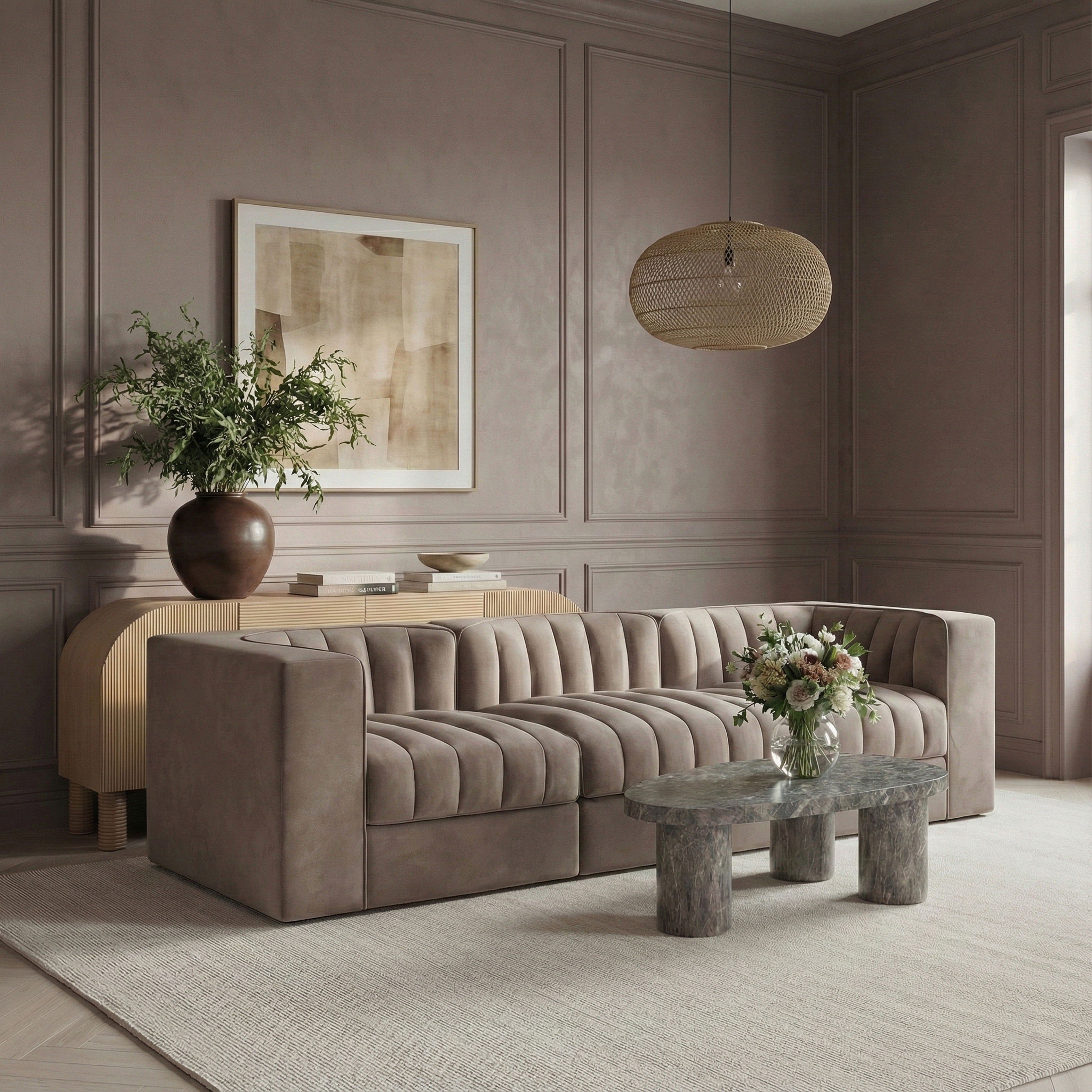 Rummi - Velvet Performance Fabric Upholstered 3 Piece Modular Sofa - Taupe