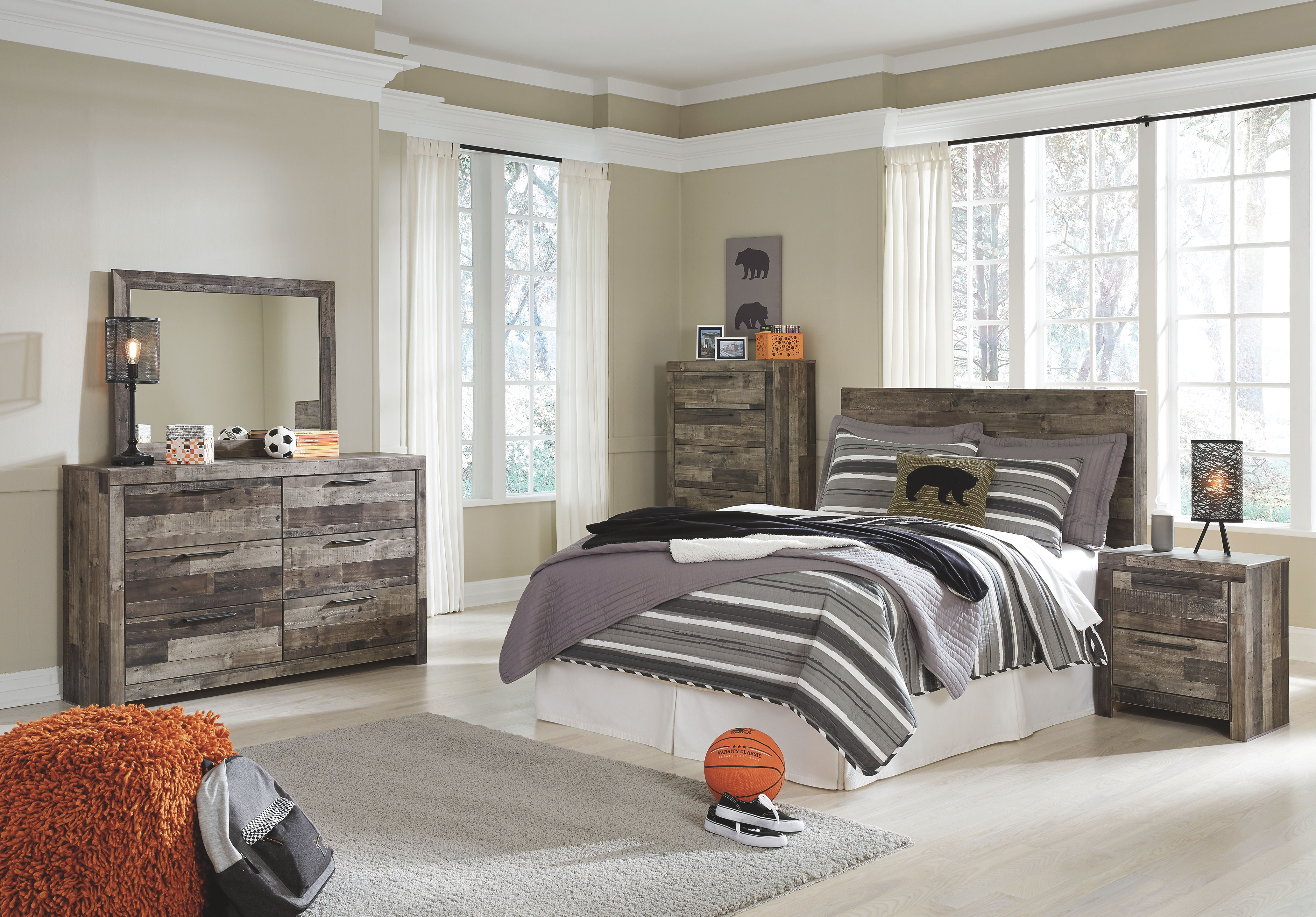 Derekson - Full Panel Headboard with Bolt on Bed Frame - Multi Gray