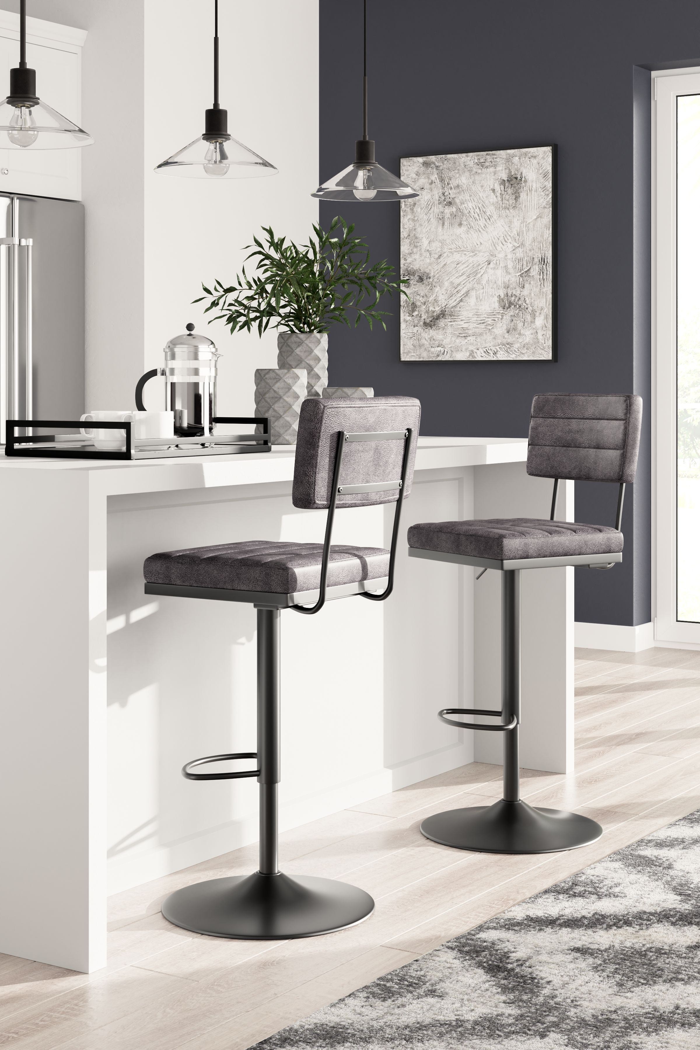 Strumford - Tall Swivel Barstool (Set of 2) with Cushioned Back - Gray / Black