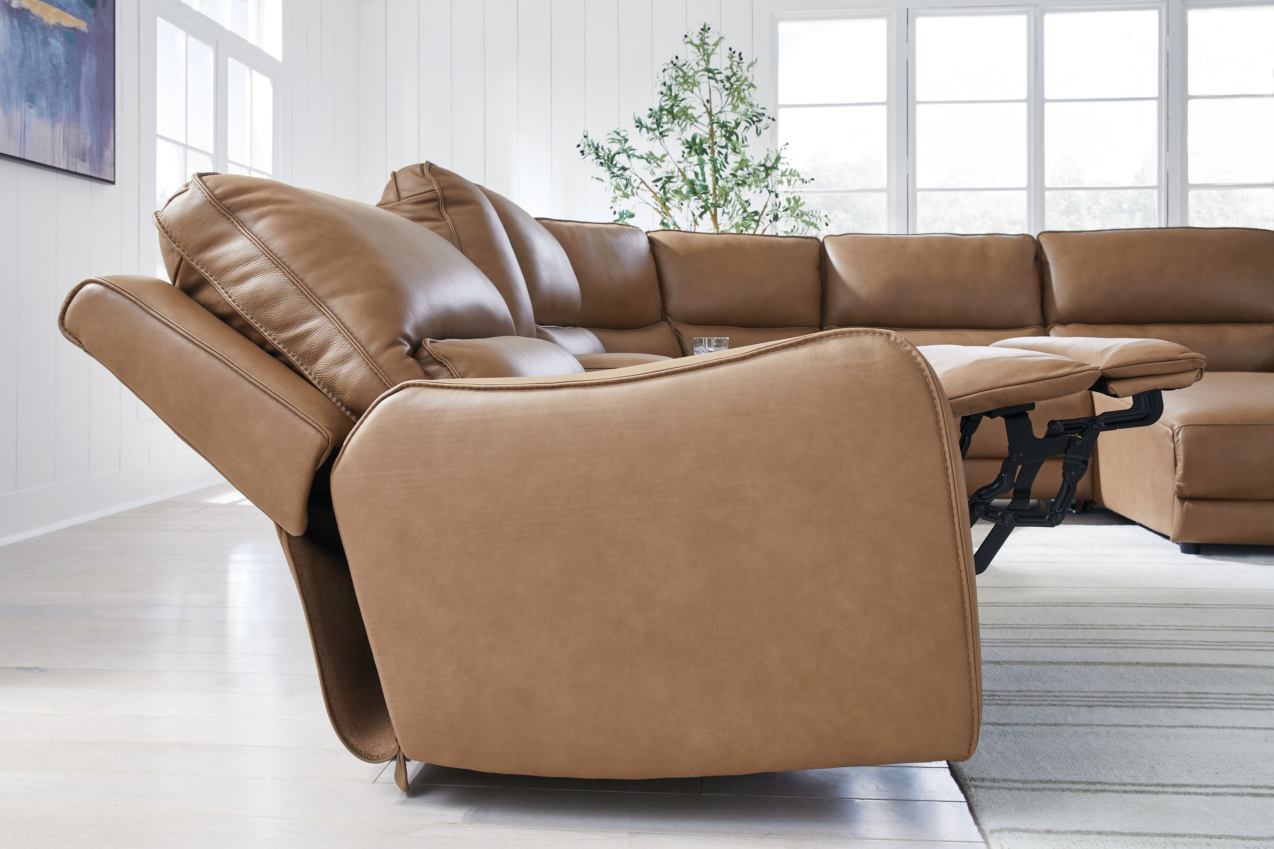 Ashley Furniture DeepWakes - 6-Piece Power Reclining Sectional With RAF Press Back Power Chaise And Storage Console - Caramel - Image 9