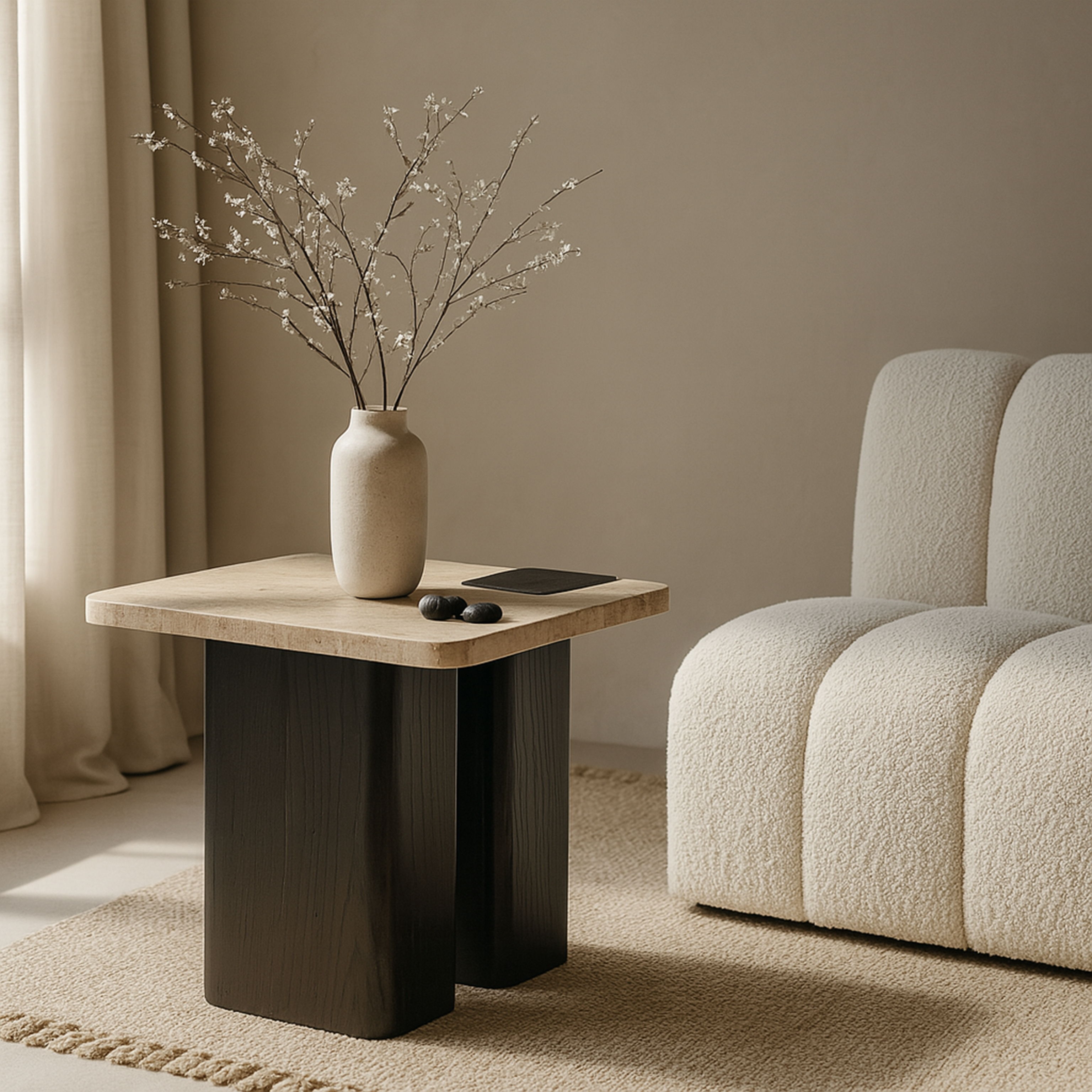 Ravenna - Genuine Travertine Top And Oak Wood Base End / Side Table - Natural