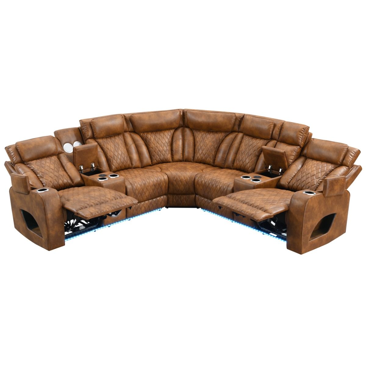 Taddeo - Power Motion Sectional Sofa With Power Headrest, Massage & LED - Two Tone Brown Leatherette, light brown, view 4