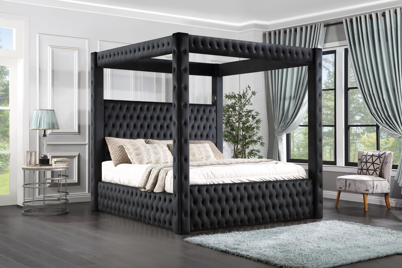B567 - Velvet King Canopy Bed With Bluetooth Speaker & USB - Black
