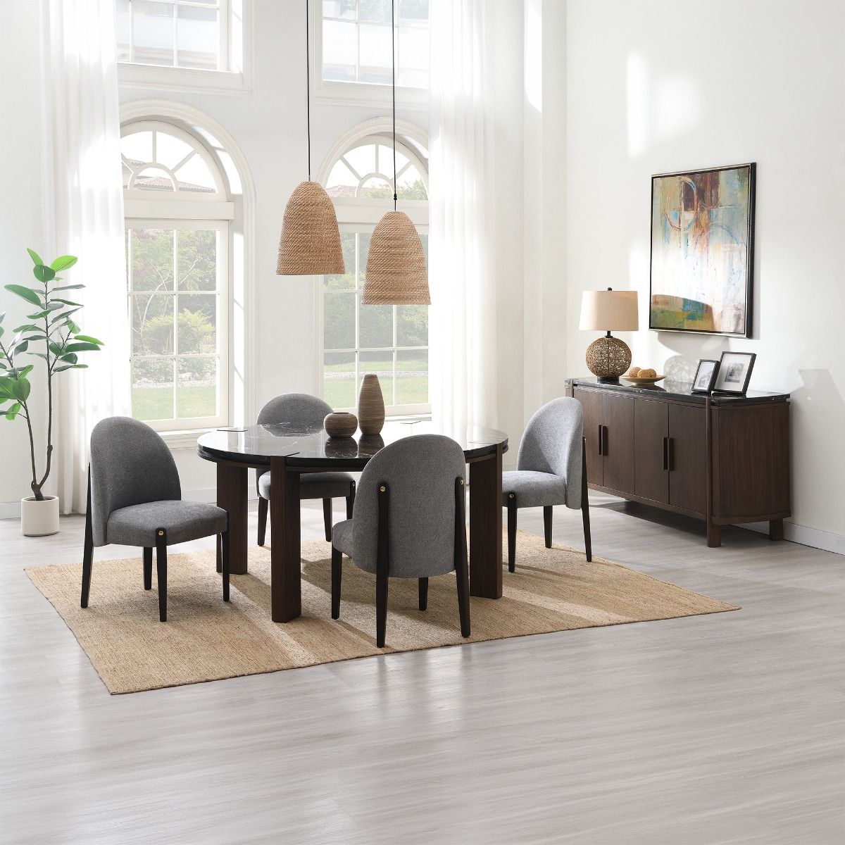 Estella - Round Dining Table With Natural Marble Top - Black Top & Walnut, dark brown, view 7