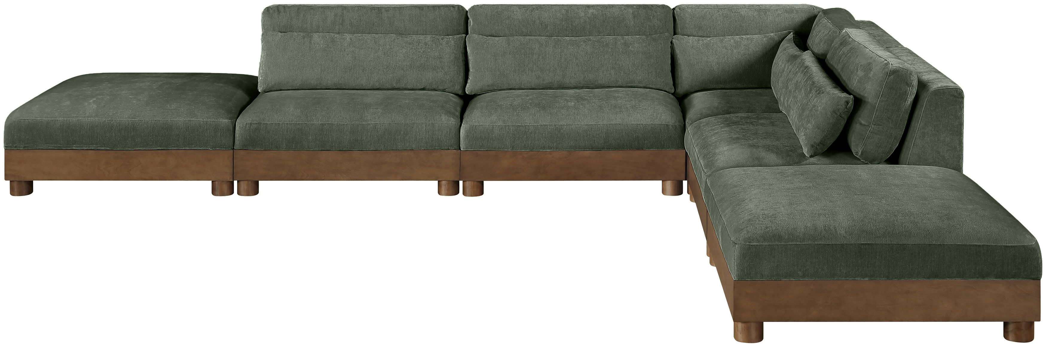 Turin - 160" Chenille Fabric Upholstered 6 Piece Modular Sectional - Green / Brown Walnut