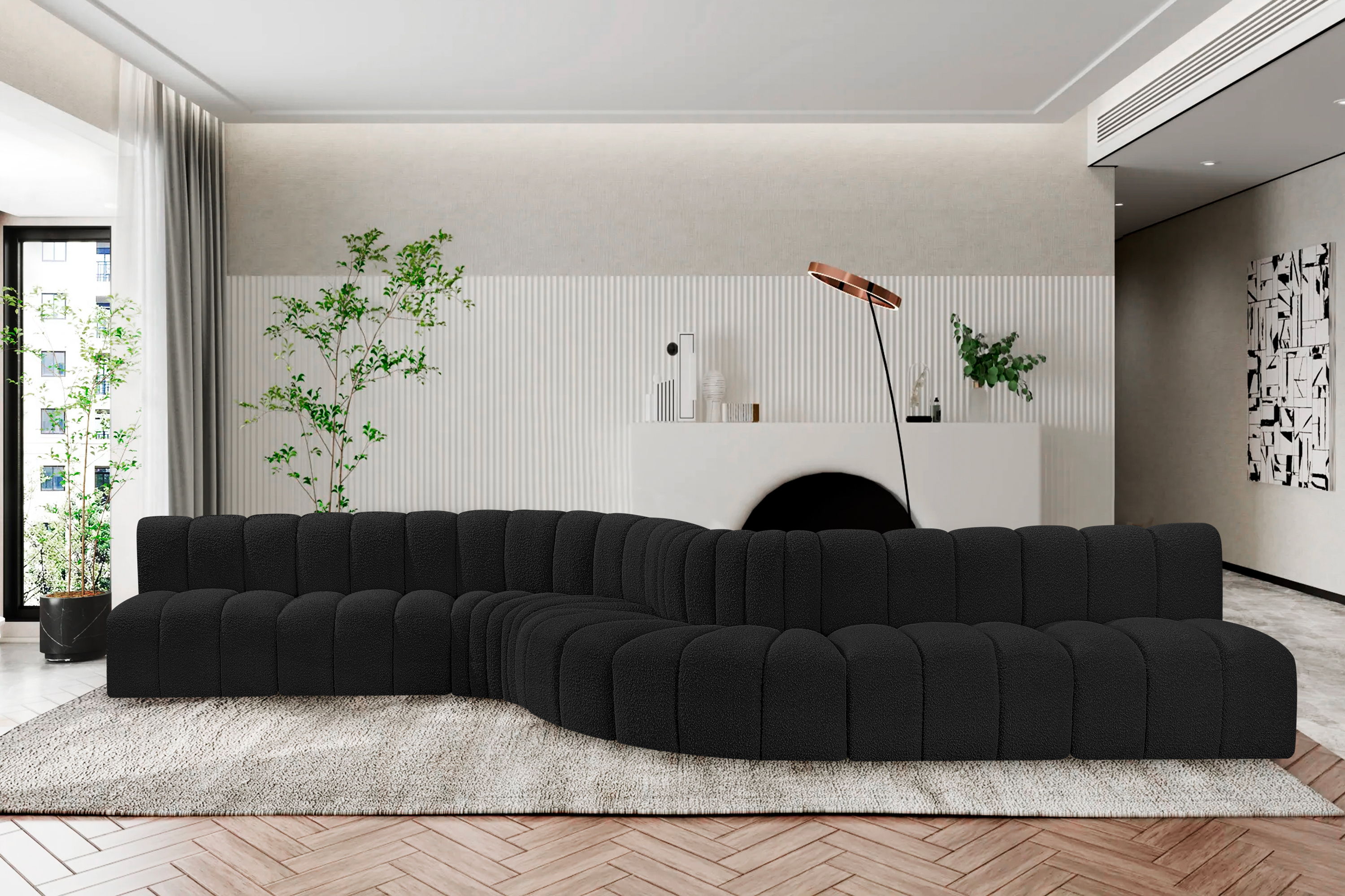 Arc - Boucle Fabric 8 Piece Curved Modular Sofa - Black