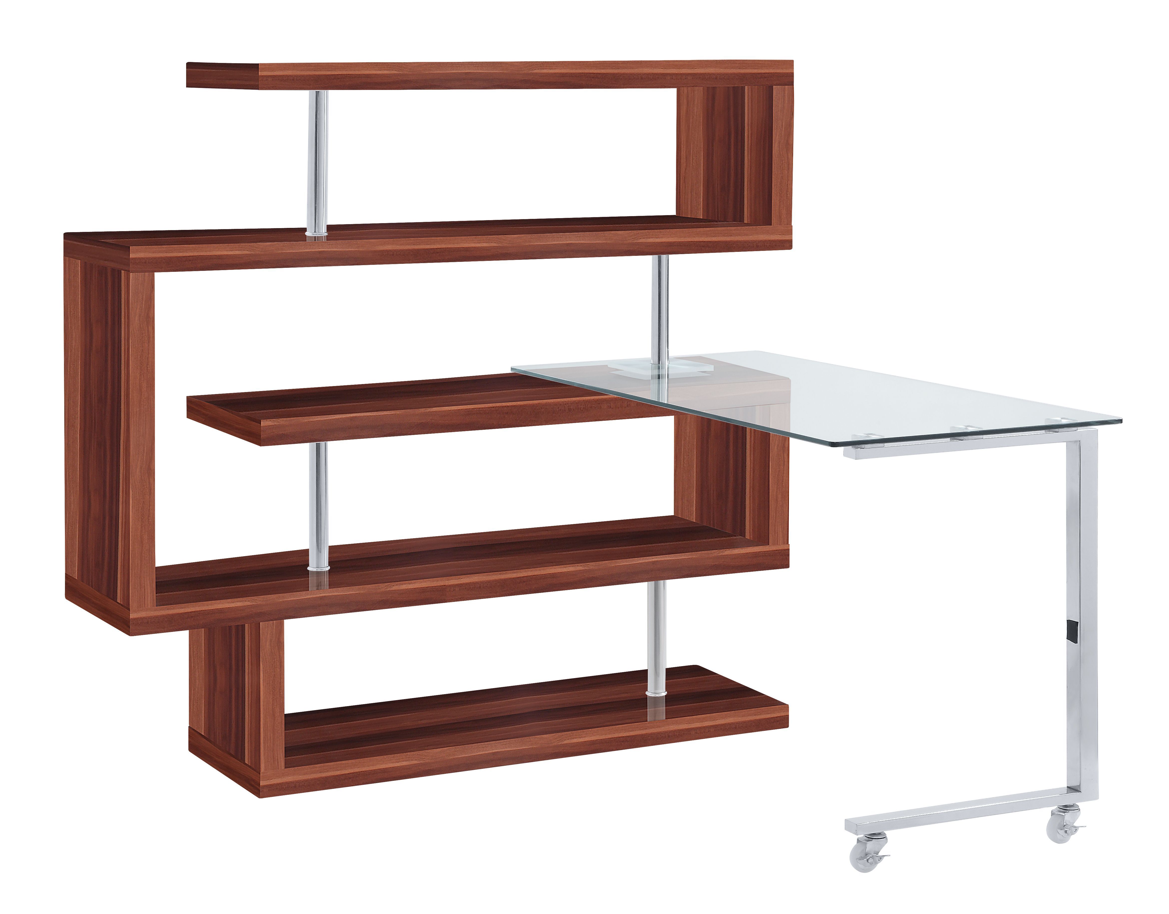 Buck II - Writing Desk With Bookshelf - Clear Glass, Chrome & Walnut High Gloss, dark brown