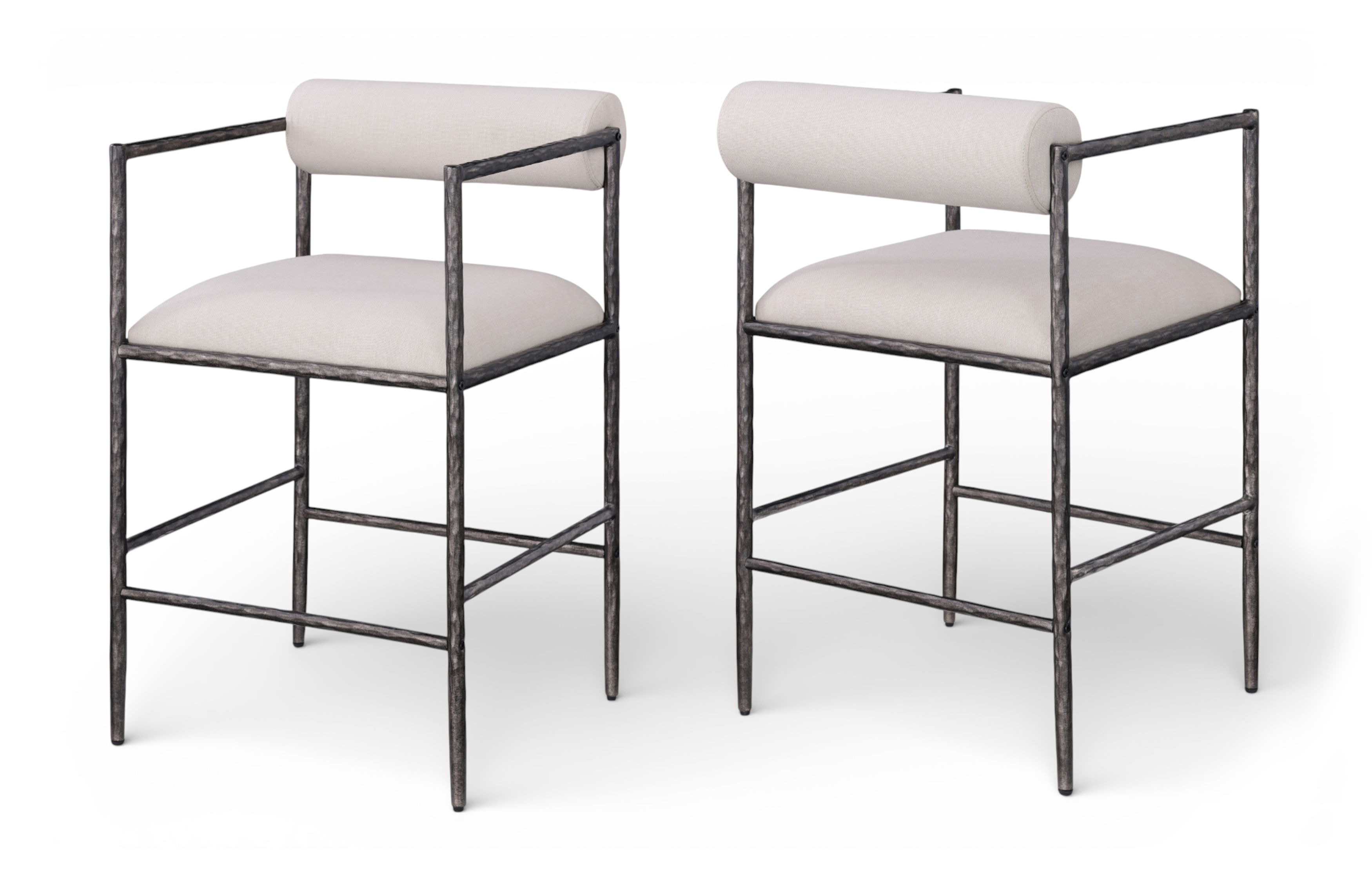 Axis - Linen Textured Fabric Upholstered Counter Stool (Set of 2) - Beige / Powder Coated Antique Black