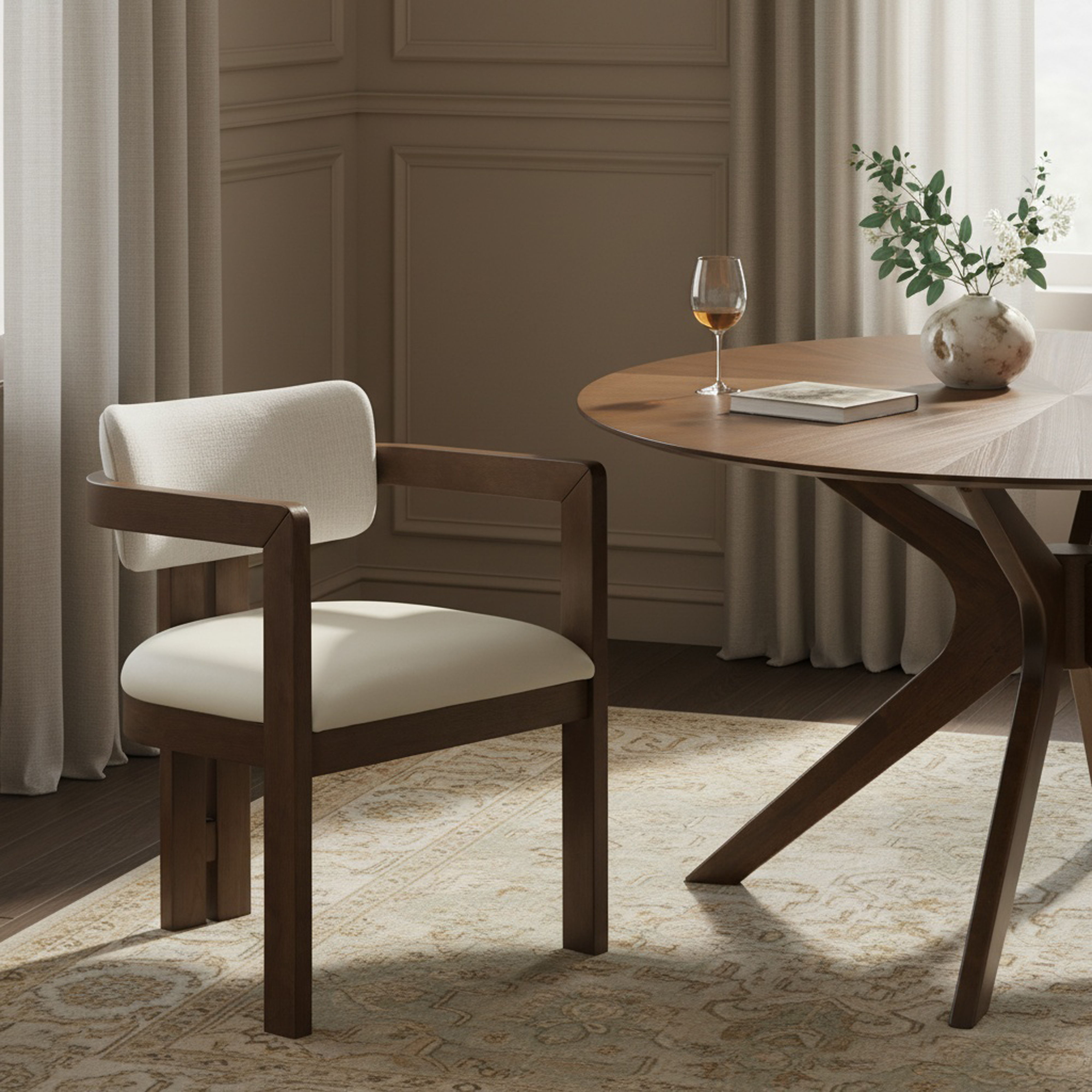 Ravina - Vegan Leather and Linen Textured Fabric Upholstered Dining Chair (Set of 2) - Cream / Stained Brown