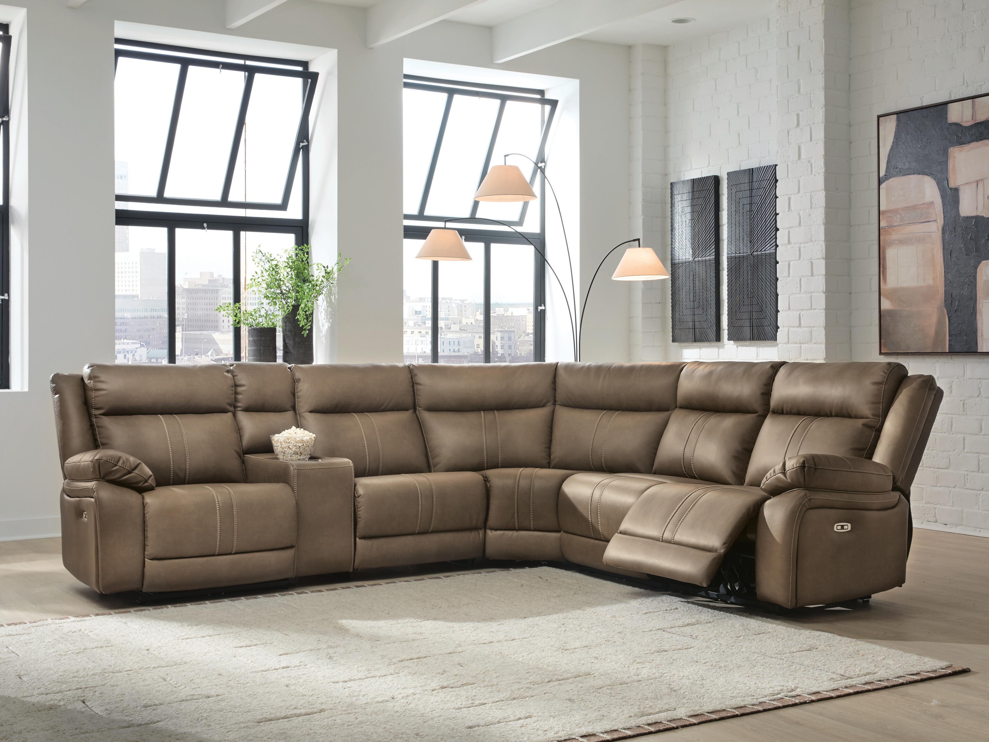Ashley Furniture Max-Momentum - 6-Piece Power Reclining Sectional With 2 Armless Chairs And Audio Console - Biscotti - Image 7