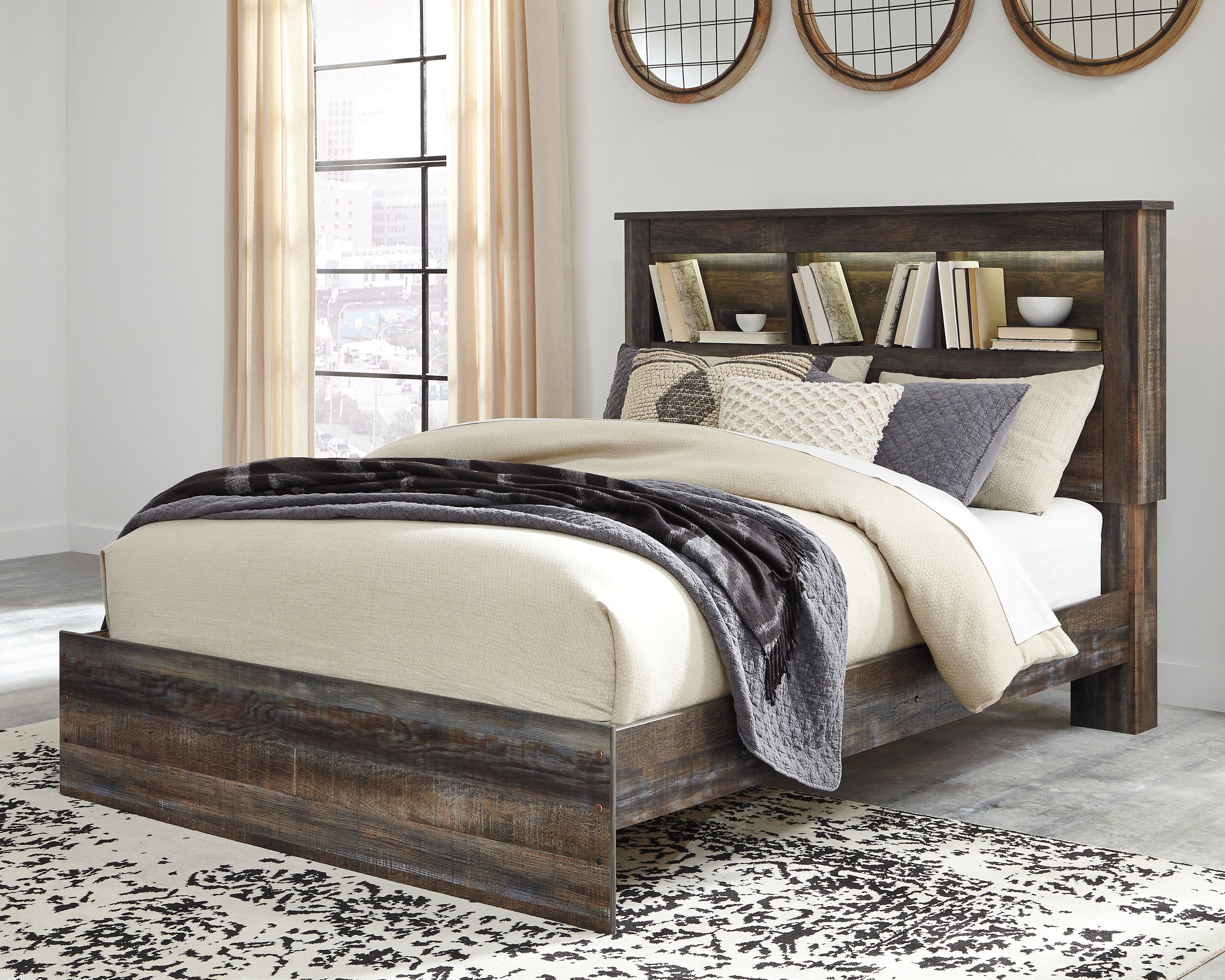 Drystan - Queen Panel Bookcase Bed - Brown / Beige