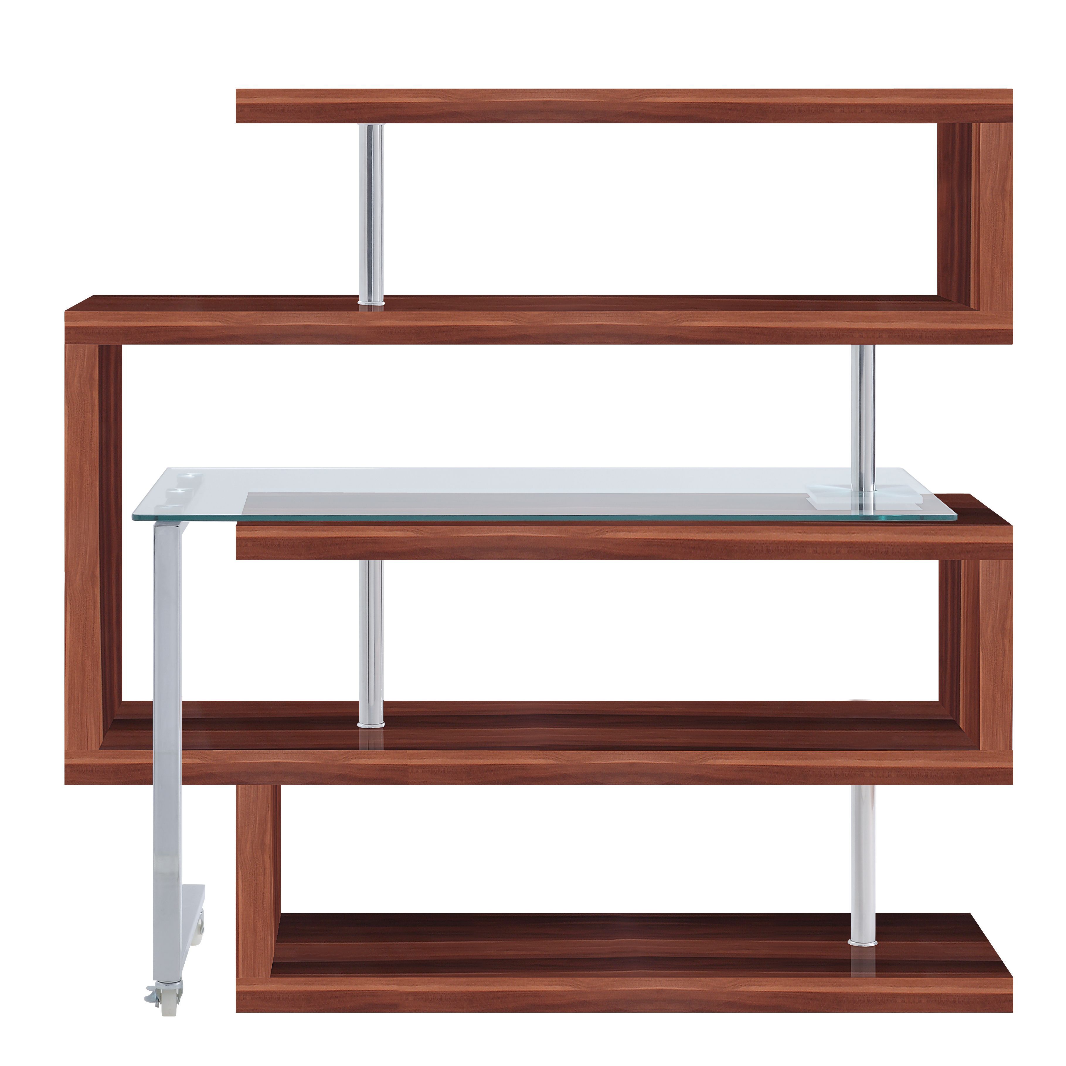 Buck II - Writing Desk With Bookshelf - Clear Glass, Chrome & Walnut High Gloss, dark brown, view 4