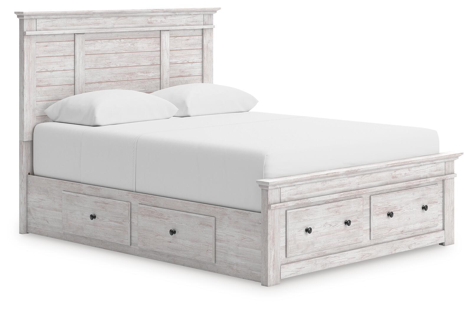 Makidern – Queen Panel Storage Bed With 2 Under Bed Storage Units And Storage Footboard – Whitewash