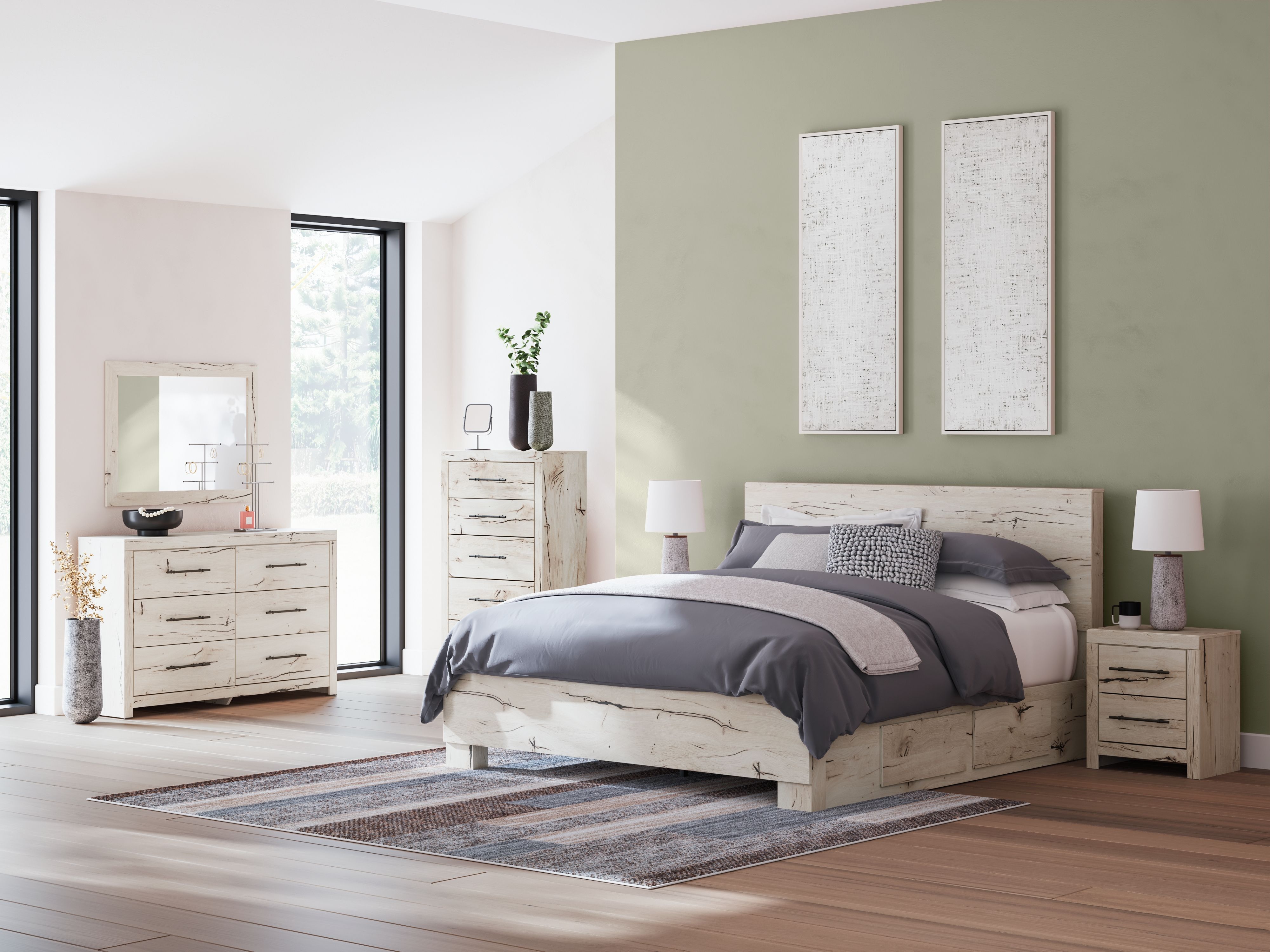 Ashley Lawroy - Light Natural - 8 Pc. - Dresser, Mirror, Chest, King Panel Bed With Under Bed Storage