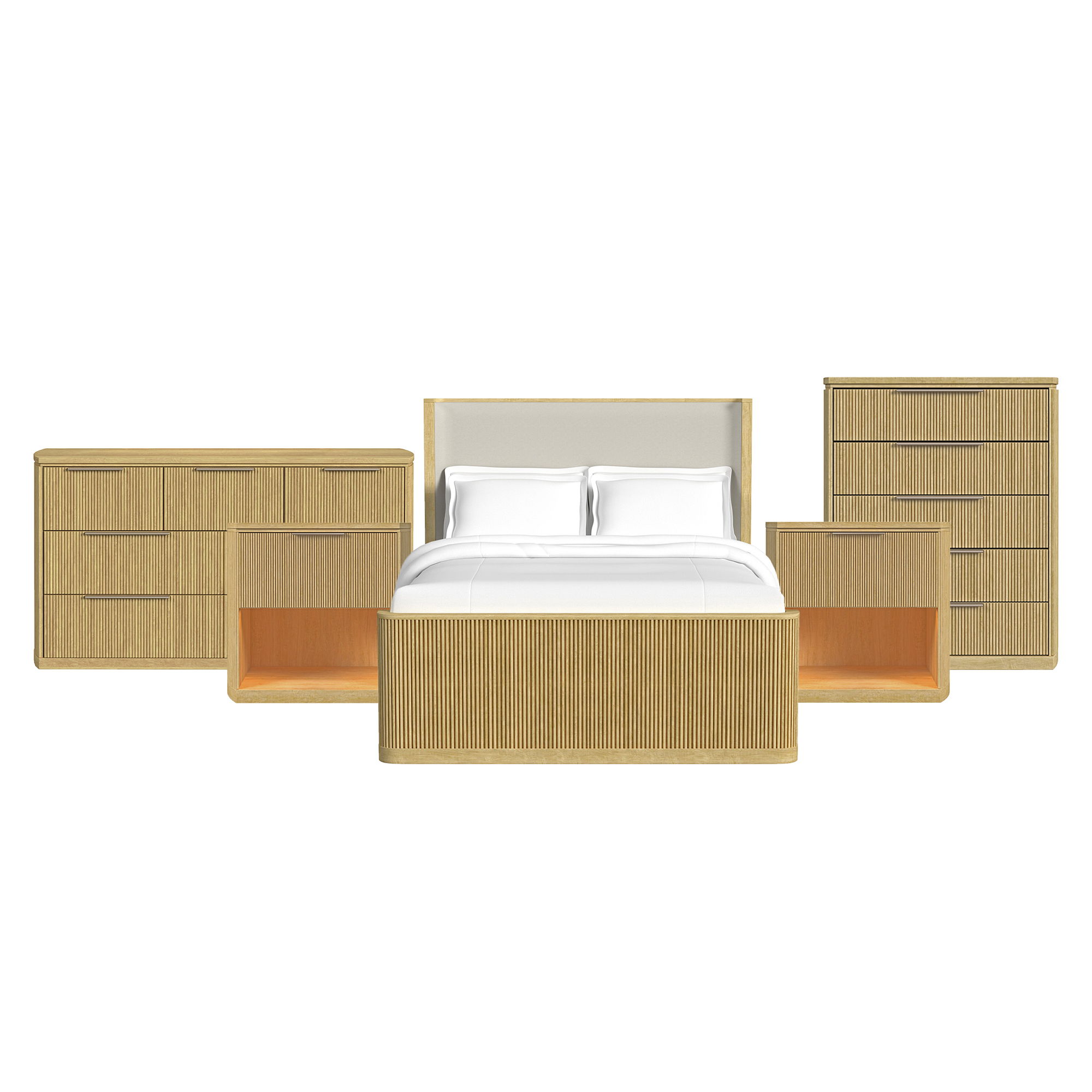 Sylvie - Queen Upholstered 5 Piece Bedroom Set With 2 Nightstands, Dresser & Chest - Natural