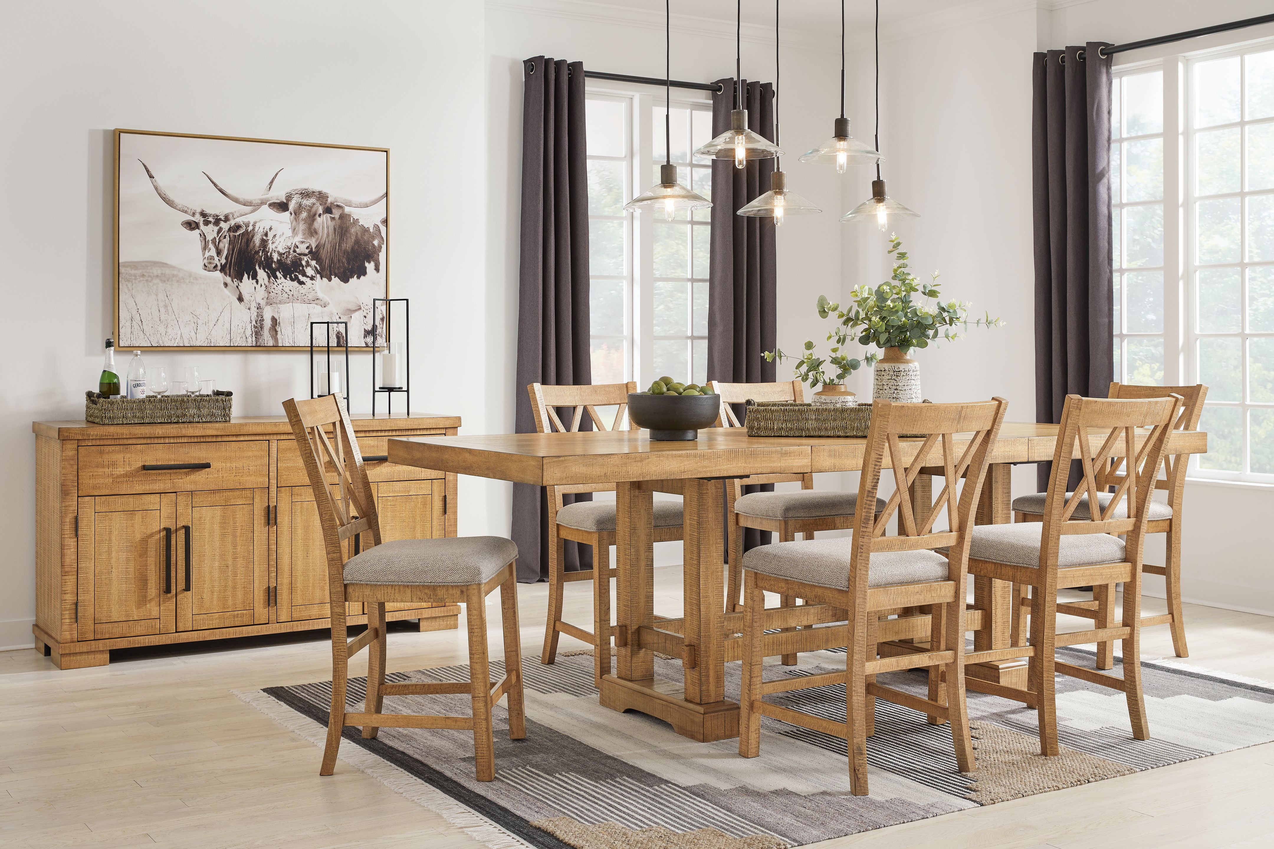 7 Pc · Counter Extension Table, 6 Upholstered Barstools