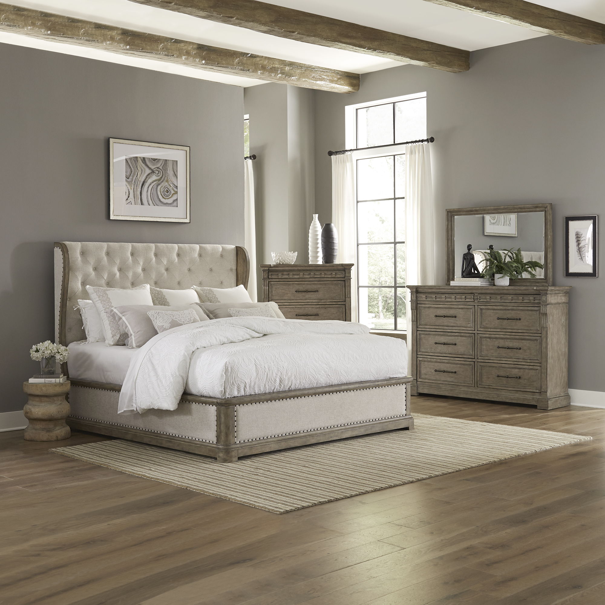 Liberty Furniture Town & Country - 4 Piece Bedroom Set (Queen Shelter Bed, Dresser & Mirror, Chest) - Medium Brown