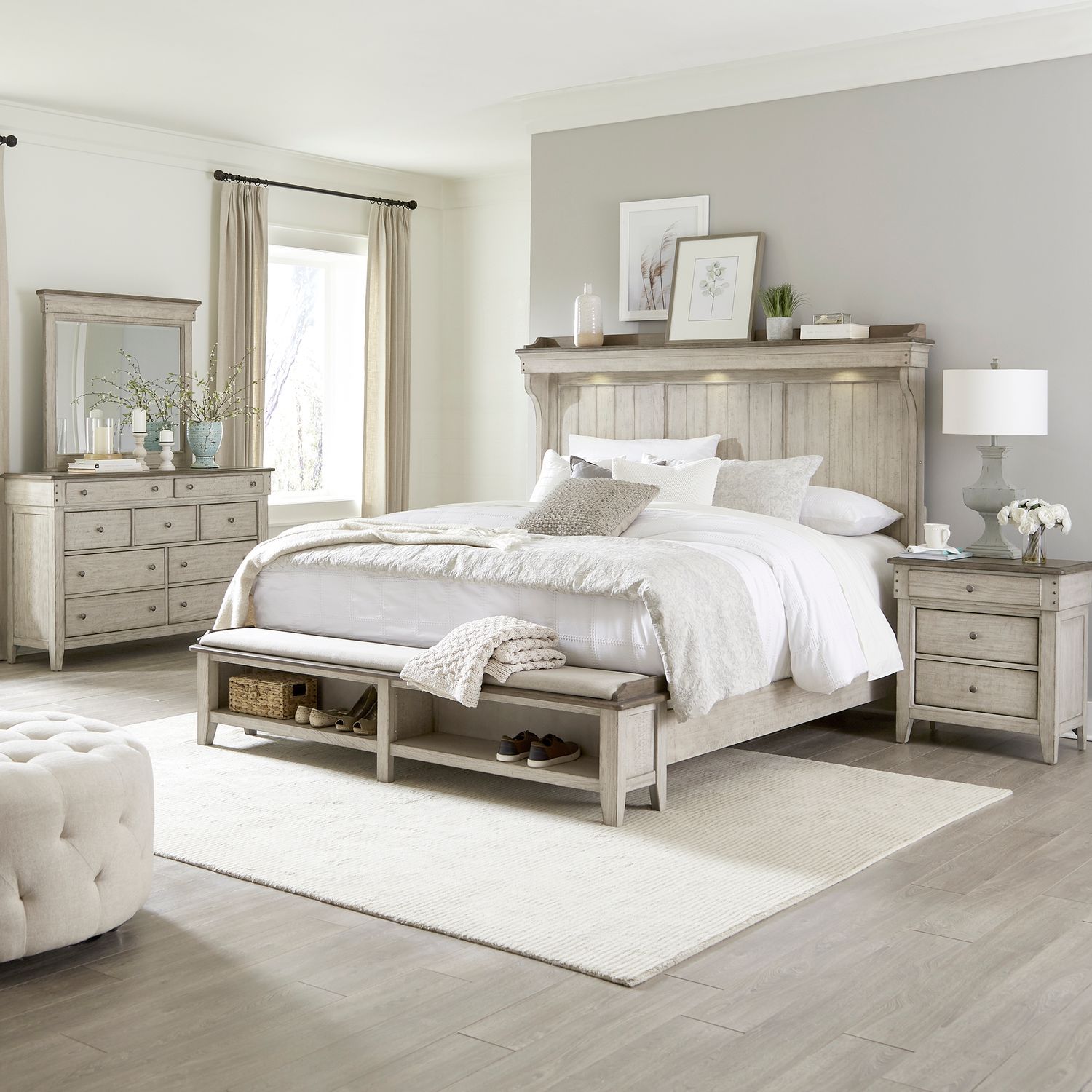 Liberty Furniture Ivy Hollow - 4 Piece Bedroom Set (California King Mantle Storage Bed, Dresser & Mirror, Night Stand) - White