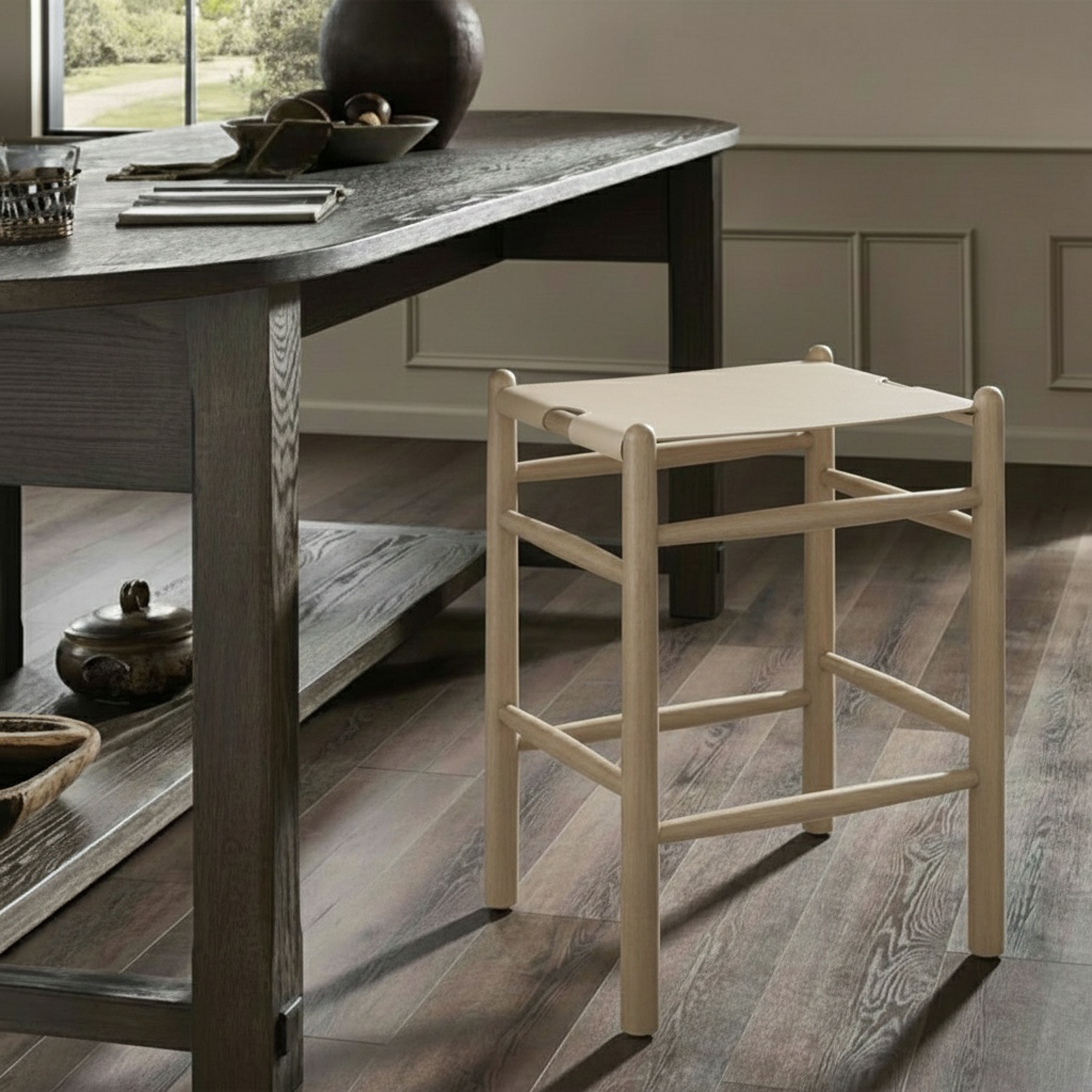Santos - Vegan Leather Upholstered Backless Counter Stool - Beige / Stained Natural