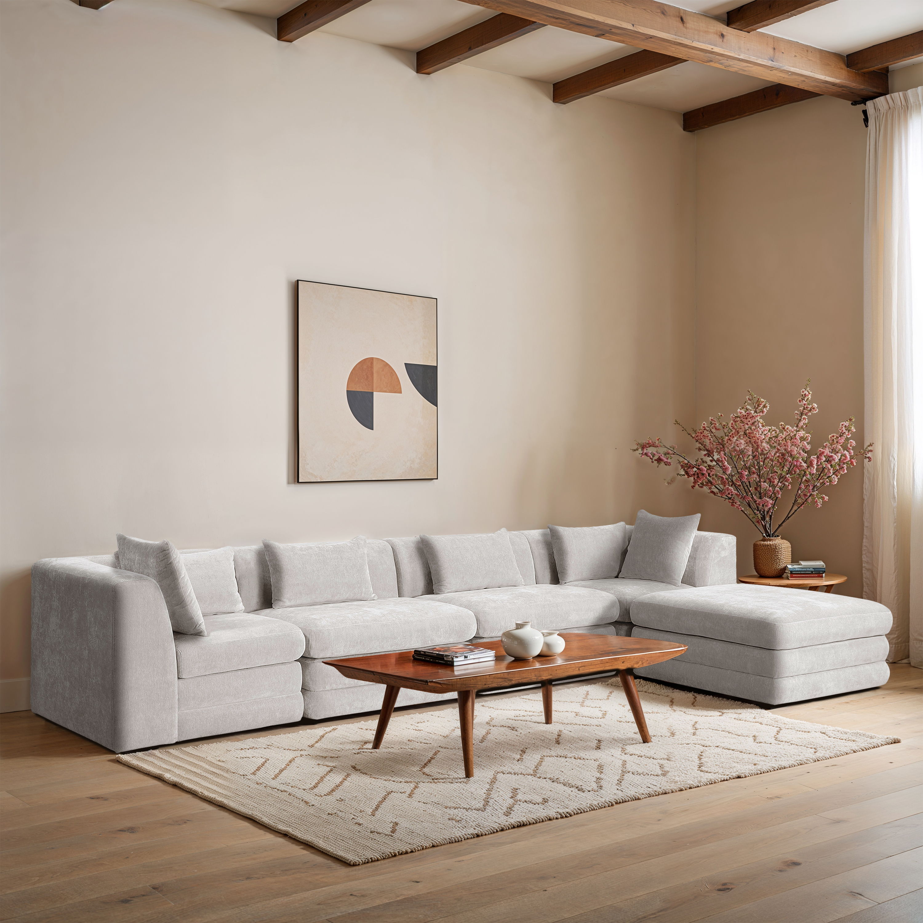 Stellar - 5 Piece Chenille Fabric 152" Upholstered Modular Sectional - Cream