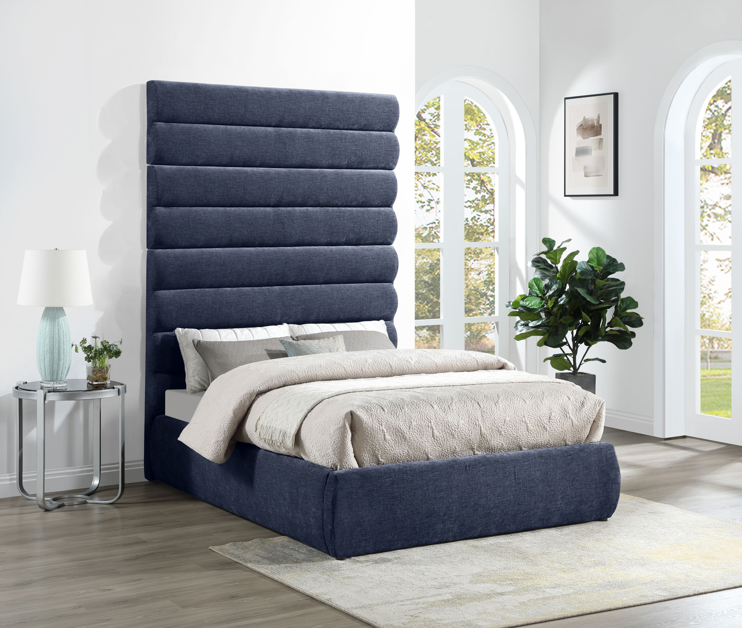 Adam - Chenille Fabric Full Bed With 89" Headboard - Navy