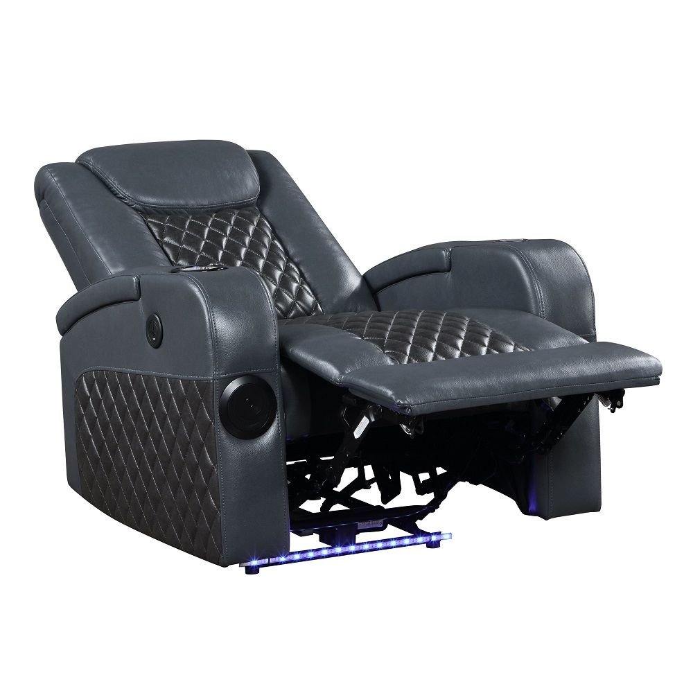 Alair - Power Motion Recliner With Bluetooth, Wireless Charger & Cupholder - Blue & Black Leather Aire, blue, view 5